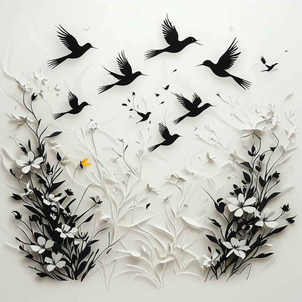 A minimalist and stylized illustration featuring a collection of birds and flowers rendered in black silhouettes. The birds are depicted in various poses, including flying, perching, and standing, with clean and simple lines that create a striking contrast against the white background. The flowers are designed with geometric patterns, adding a modern touch to the natural elements. The composition is sparse and elegant, with ample white space that emphasizes the shapes and forms of the birds and flowers. The overall design is contemporary and visually appealing, showcasing the beauty of nature through a minimalist lens, in the style of papercut, encaustic, carved relief, oragami, tilt pitch
 <lora:artfullyBIRDS_SDXL_V1:.8> <lora:artfullyPAPERCUT_SDXL_V1:1>, artbrdsprrt, artpprct <lora:artfullyECHELIER_SDXL_V1:1>, artchlr