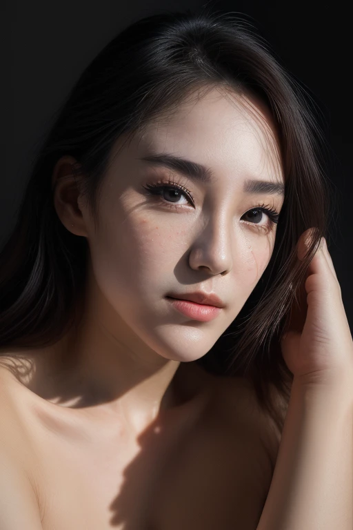 DEN_xin_Yan,
((headshot:1.2) portrait on a (plain background:1.2), (headshot:1.2), (face focus:1.1), lighting from the left, (shadows:1.2), (left side lighting:1.2), (side light:1.3), (half lit face:1.1), (strong shadows:1.2):1.2),
bokeh, f1.4, 40mm, photorealistic, raw, 8k, textured skin, skin pores, intricate details <lora:epi_noiseoffset2:1>, epiCRealism