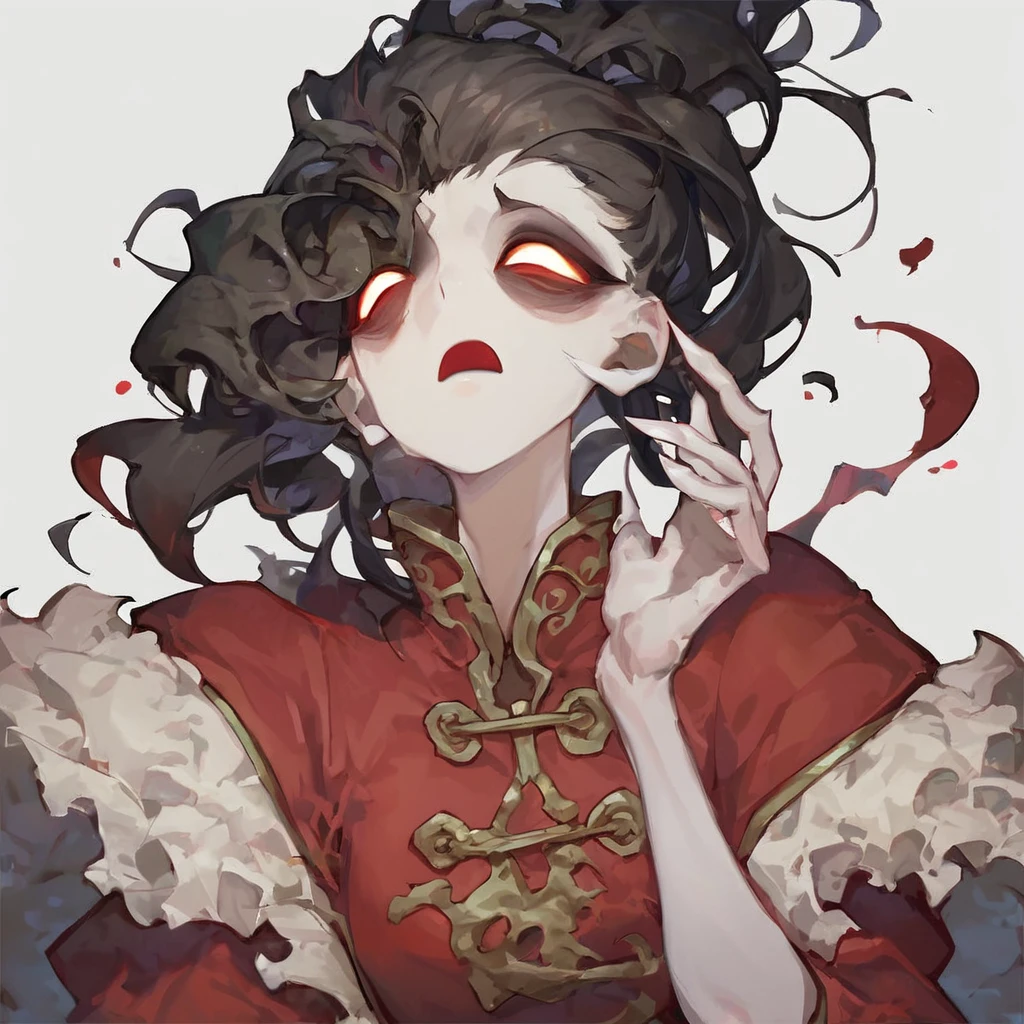 score_9, score_8_up, score_7_up, Fs_Food, white background, simple background,
white funeral attire,chinese clothes,
A terrifying white bone, clad in tattered white mourning clothes, her bones pale and translucent, emitting a chilling aura of death. Her hollow eyes are dark and empty, with deep shadows flickering within, as if capable of devouring souls. A cluster of disheveled black hair grows on top of her head, giving off an eerie vibe,dark gas around,
, <lora:foodpony51601-000022:0.8>,  <lora:neg4all_bdsqlsz_xl_V7:1>