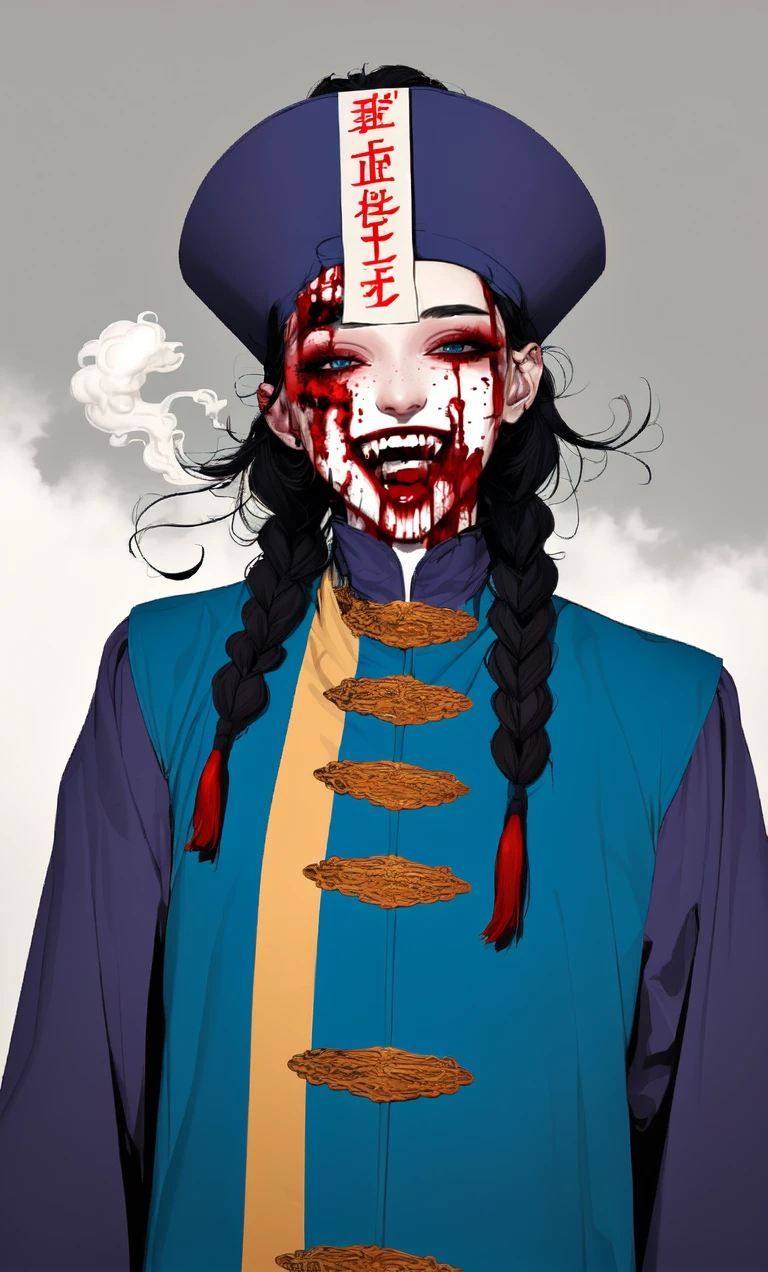 ((masterpiece)), ((best quality)), 8k, high detailed, ultra-detailed,1girl, jiangshi, jiangshi costume, solo, ofuda, black hair, open mouth, looking at viewer, talisman, smile, braid, upper body, blood from mouth, long hair, twin braids, blood , purple smoke, <lora:psycho_JiangS:0.8>