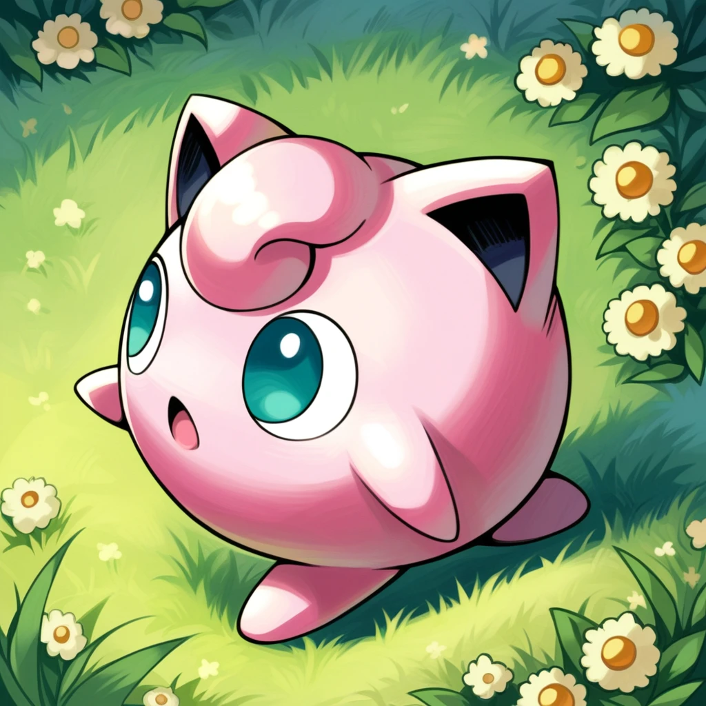 score_9_up, score_8_up, score_7_up, best quality, masterpiece, source_anime, detailed background, grass, flowers, from above, arms at sides:1.2, looking to side:1.4, BREAK 1girl, solo, jigglypuff_(\pokemon\), pokemon_(creature), pink body, circle body, big ears, pink hair, big eyes, green eyes, no legs:1.4, open mouth, walking, <lora:PDXL_Jigglypuff_PKMN:1>