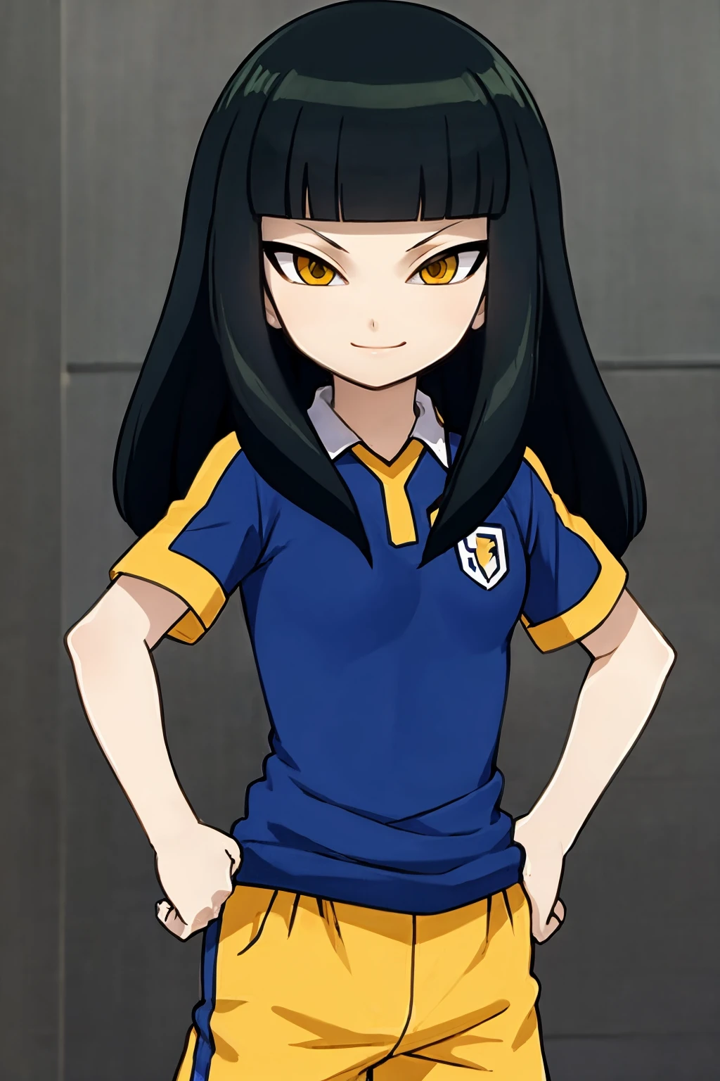 masterpiece, best quality,
1girl, dhanna, black hair, blunt bangs, long hair, yellow eyes, edorado uniform, soccer uniform, shorts,
hands on hips, smile, upper body, solo, looking at viewer, simple background, solid grey background  <lora:Dhanna:1>