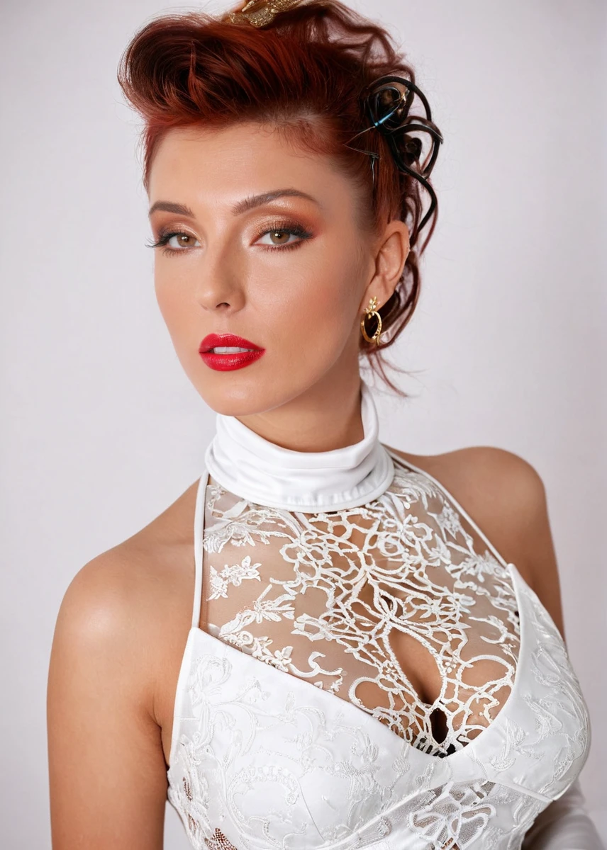 glamorous photo of a captivating masterpiece of an woman in a ((((white neckholder dress with turtleneck)))) ,long earrings, necklace, half body, The intricate lace and gold details exude a very rebellious aura. ((The use of high-shine gloss adds a touch of glamour to the look)), ((while the deep red and black hues give it a dramatic vibe)), blurred background, studio ligthing, facing camera, shallow depth of field, <lora:MS_AshleyRobbins_SDXL:0.9>, high fashion, luxurious, extravagant, stylish, sensual, opulent, elegance, stunning beauty, professional, high contrast, detailed,