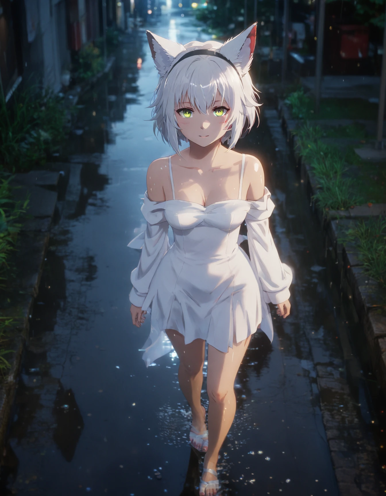 anime style, amime art, 1girl, solo, perspective, from above, walking, lens flare, night, rain, puddle, neon lights, looking at viewer, green eyes, red eyes, slit pupils, heterochromia, expressionless, white hair, hair intakes, black headband, hair between eyes, fox ears, long hair, spaghetti strap, white dress, off shoulder, collarbone, barefoot, film grain, light and shadow, detailed lighting, aesthetic, amazing quality