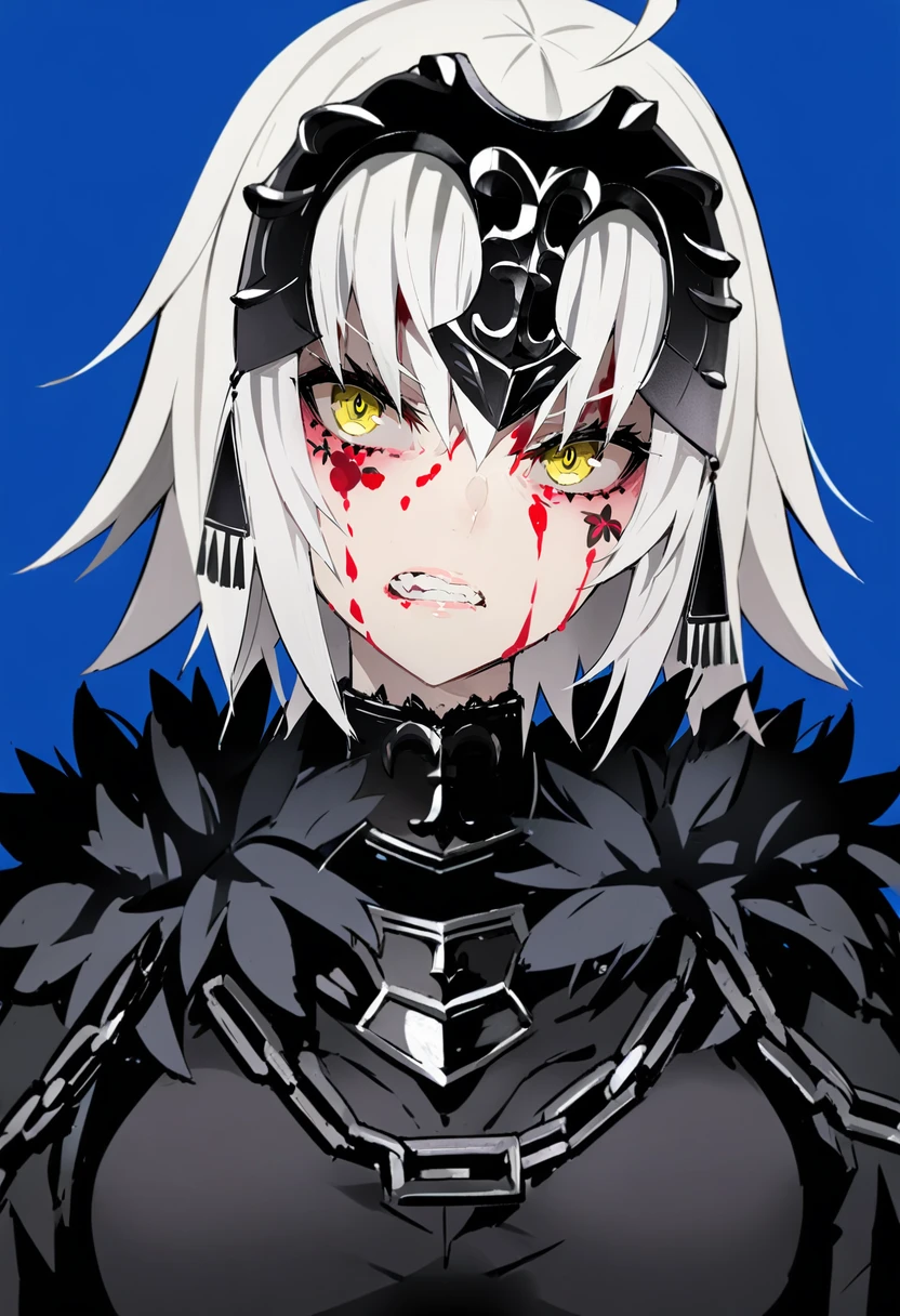 masterpiece, best quality, <lora:LAMXL_ANI31_lokr_V42310:0.95> 1girl, jeanne d'arc alter \(fate\), jeanne d'arc alter \(avenger\) \(fate\), solo, yellow eyes, headpiece, blood, teeth, chain, blood on face, armor, blue background, short hair, looking at viewer, fur trim, clenched teeth, grey hair, simple background, upper body, white hair, ahoge