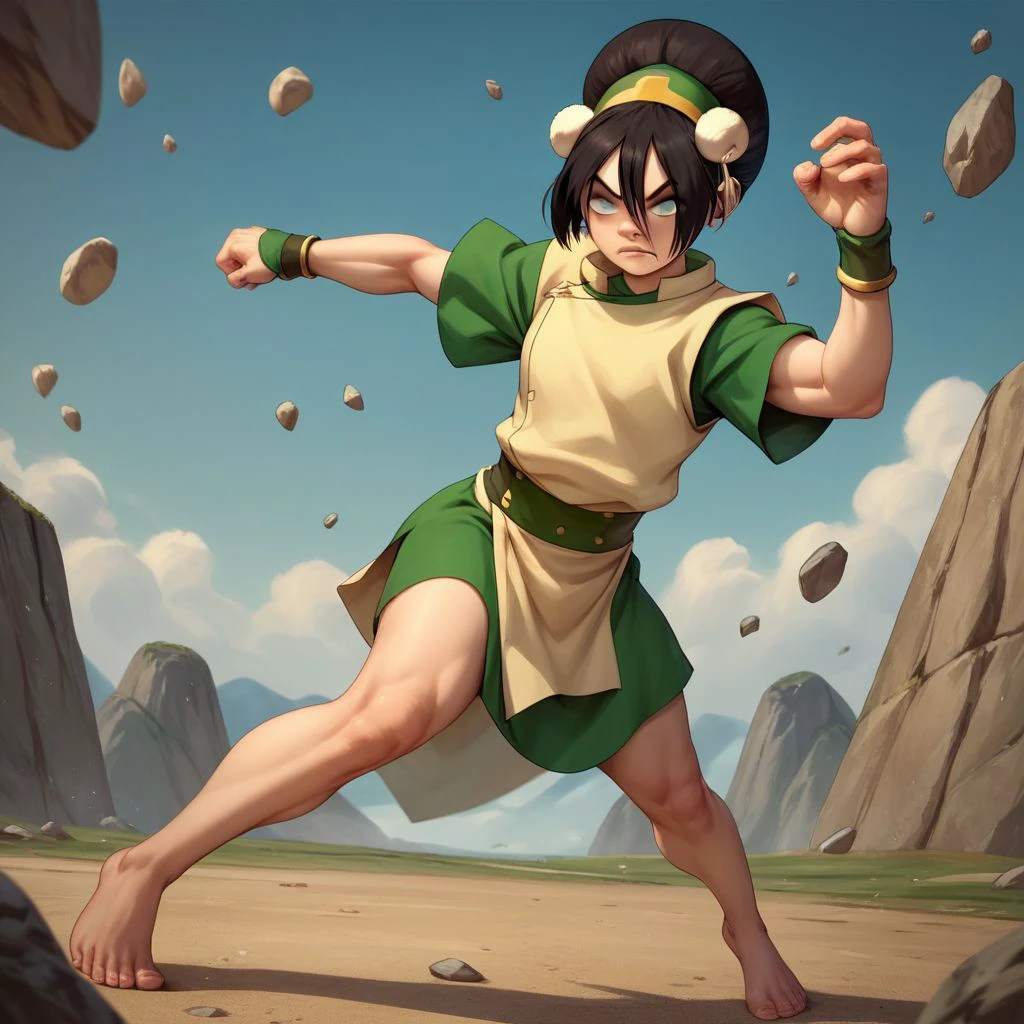 score_9, score_8_up, score_7_up, score_6_up, score_5_up, score_4_up, rating_explicit, 1girl, Toph, blind, fighting stance, surrounded by floating rocks, flying rocks, barefoot, rocky terrain