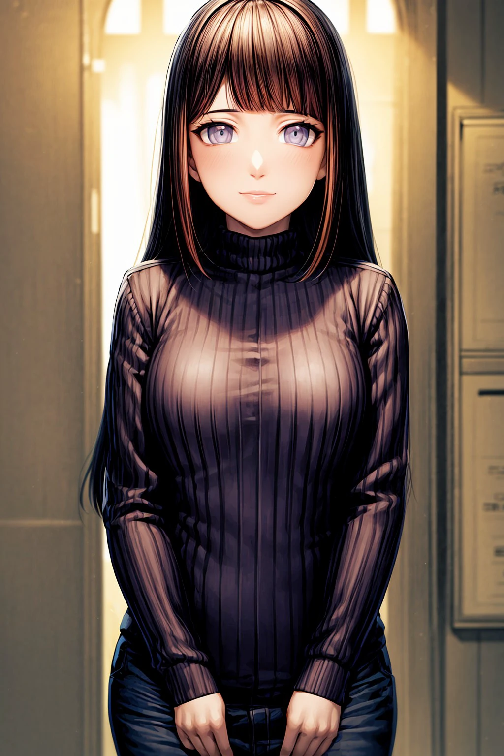 (masterpiece), (best quality:1.4, high quality:1.4, highres, intricate shirt, illustration), (solo, solo focus), sole female, (cowboy shot), standing, 1girl, (mature female), hyuuga hinata, white eyes, blunt bangs, purple turtleneck, sleeveless turtleneck, medium breasts, black pants, standing, smile, looking at viewer, indoors, <lora:GoodHands-beta2:0.7>, <lora:Hyperdetailerv95:0.3>, <lora:add_detail:0.5>, <lora:more_details:0.3>, <lora:de4aa902-00d7-4af8-9215-f54bd793d6c7:0.8>