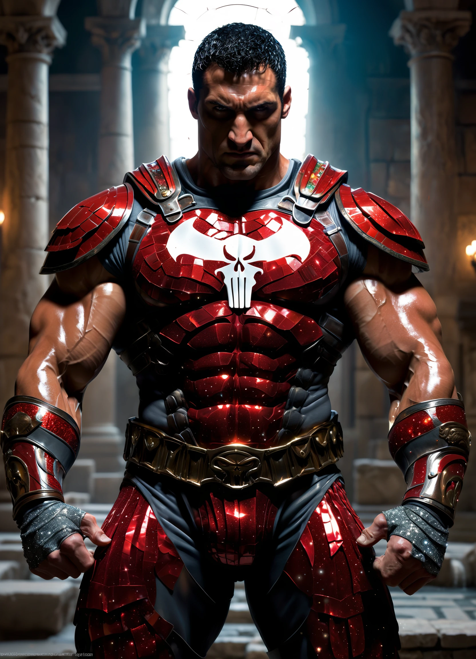 In ancient Rome, a warrior|Punisher stands proud, his body an artistic mosaic of shimmering red and glitter. Muscles ripple beneath the vibrant design, a unique and mesmerizing sight. The armor he dons only adds to the awe-inspiring display, making him a true work of art. A muscular mosaic man, ready for battle and a sight to behold.