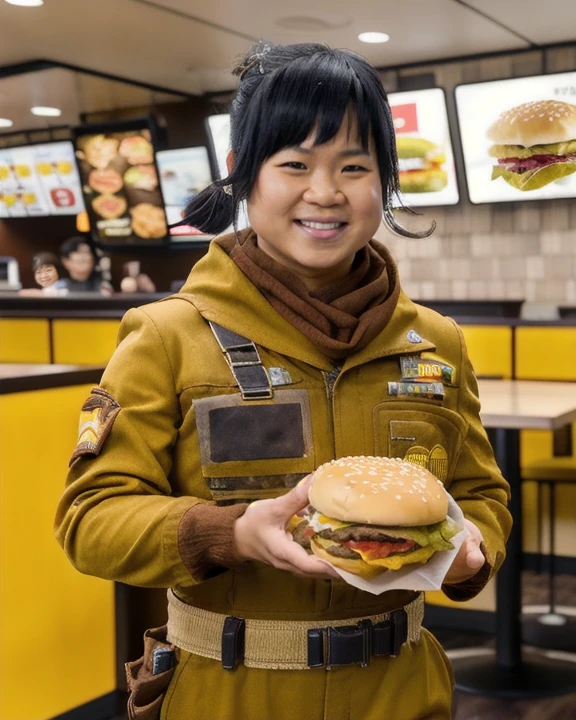 <lora:rosetico_lora:0.8>, rosetico, woman, asian, cute, pretty, kelly marie tran, happy, light beige skin, black ponytail hair with bangs, wearing gold coveralls and brown scarf, wearing bandolier belt, at mcdonald's, (holding a cheeseburger:1.3), mcdonald's restaurant interior background, indoor lighting, medium shot