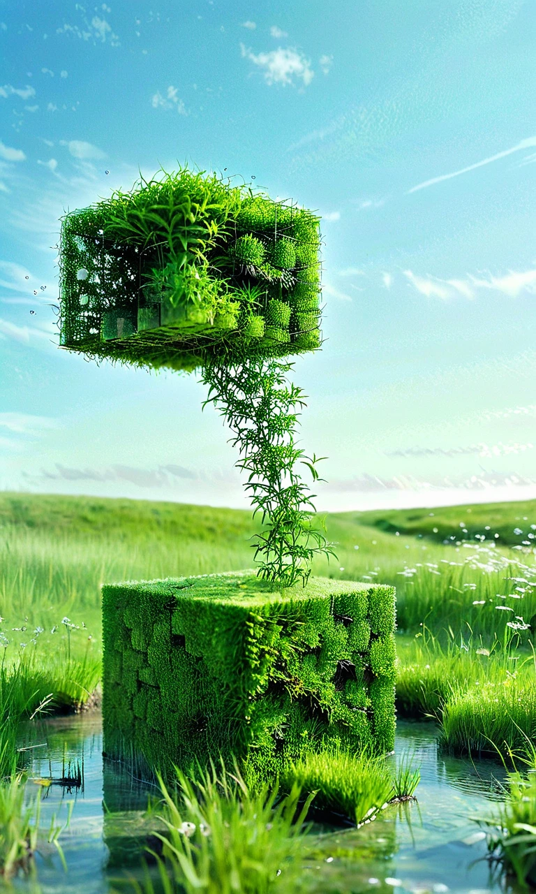 cube impression, digital art, grass,in a meadow,sky,(water:1.5),.<lora:cube_XL:1>