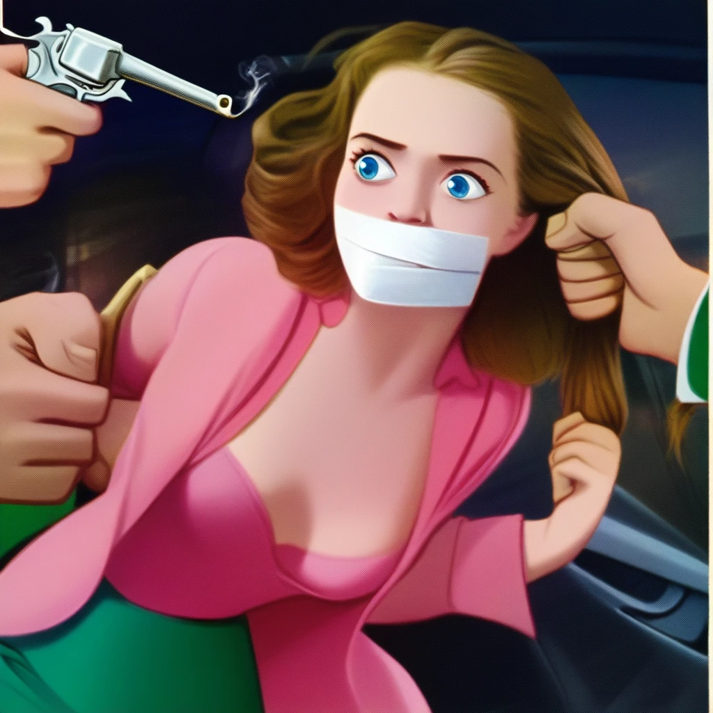 holding, revolver, grabbing another's hair, tape gag, pink dress, open shirt, green skirt, car, brown hair, blue eyes
