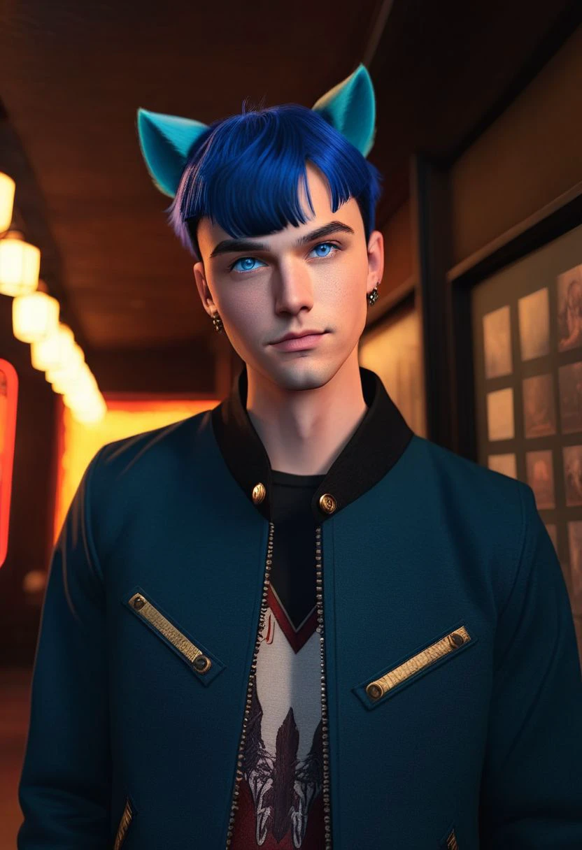 vpzdxizz, 1boy, Kristoff O'hanlon, solo, solo focus, looking at viewer, short hair, bangs, blue eyes, black hair, animal ears, jewelry, blue hair, jacket, open clothes, open jacket, black jacket, holding a photo , cinematic lighting, neon rim lighting, side lighting, rembrandt lighting, cinematic angle, masterpiece, best quality ,