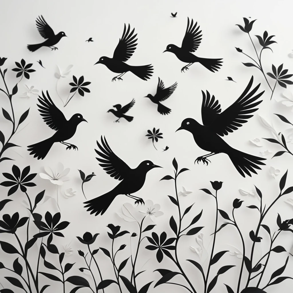 A minimalist and stylized illustration featuring a collection of birds and flowers rendered in black silhouettes. The birds are depicted in various poses, including flying, perching, and standing, with clean and simple lines that create a striking contrast against the white background. The flowers are designed with geometric patterns, adding a modern touch to the natural elements. The composition is sparse and elegant, with ample white space that emphasizes the shapes and forms of the birds and flowers. The overall design is contemporary and visually appealing, showcasing the beauty of nature through a minimalist lens
 <lora:artfullyBIRDS_SDXL_V1:.8>