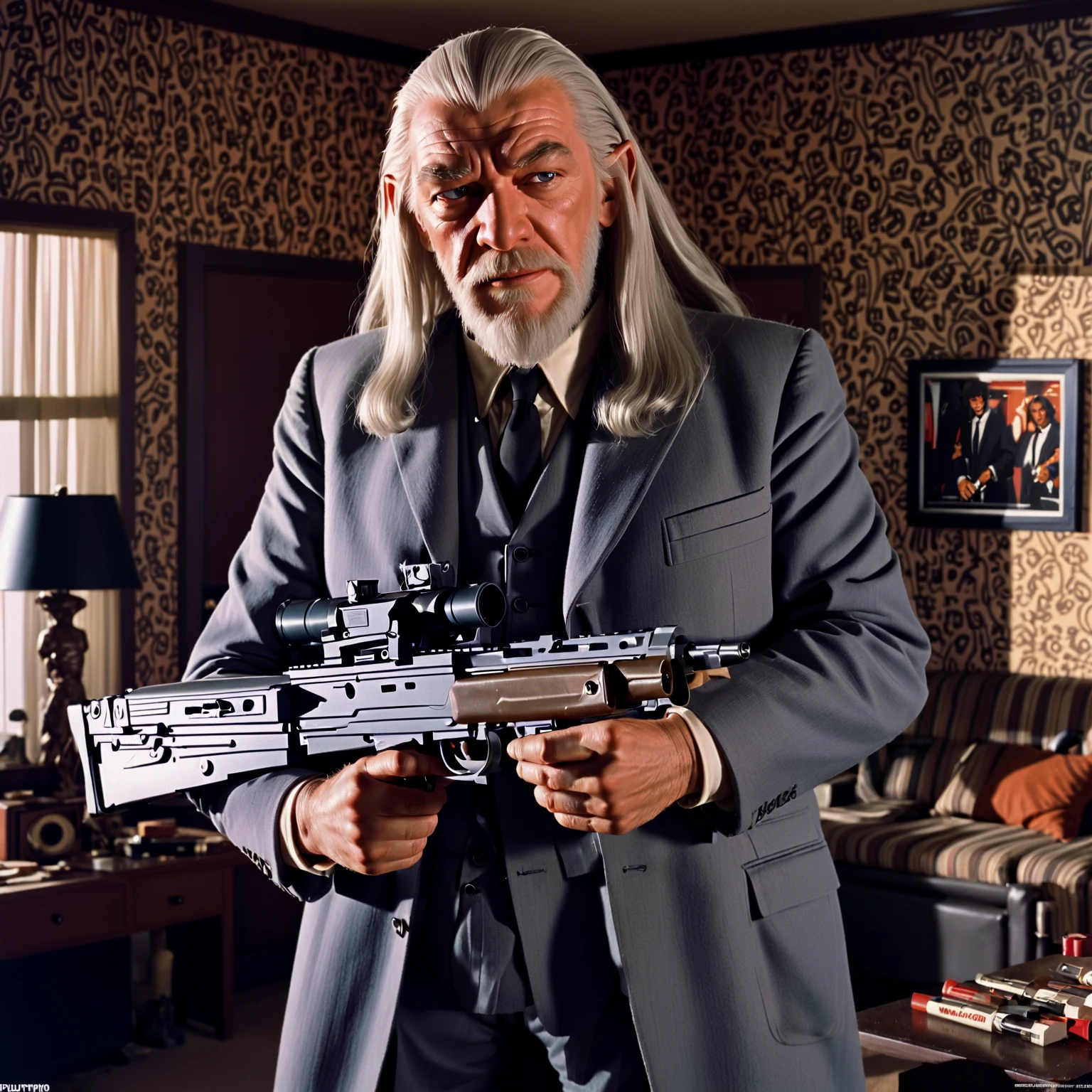 Gandalf aiming a rifle in the apartment scene from Pulp Fiction, tarantino, wizard, movie poster, grey suit, movie grain, l85, scope,