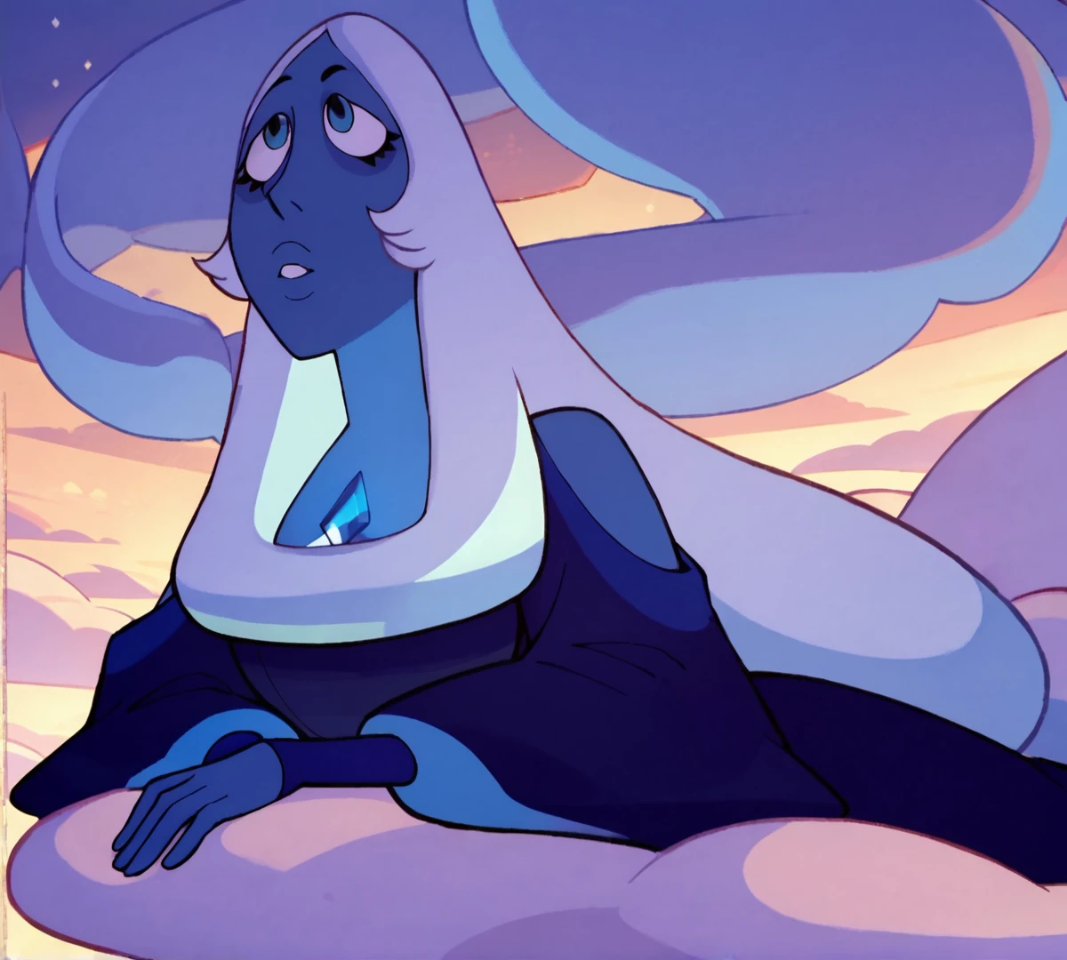 blue diamond, zPDXL, best quality, amazing quality, score 9, 1girl, full body, reclining, on cloud, <lora:BlueDiamond:1>