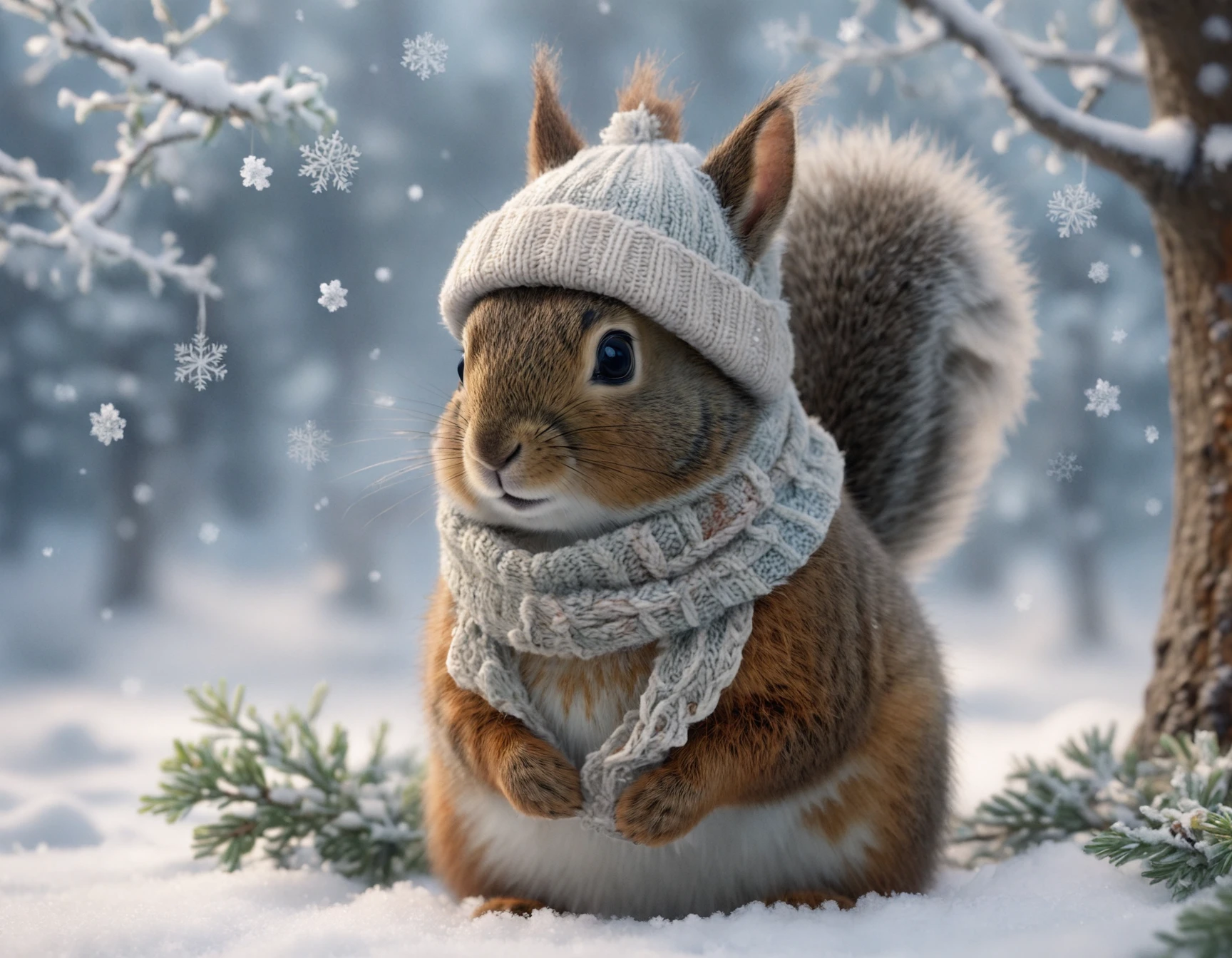 A closeup portrait shot of a small, adorable squirrel wearing a scarf and hat in a winter wonderland setting. Soft, warm snowflakes falling gently around the rabbit. Artwork reminiscent of artists such as Alphonse Mucha, Greg Rutkowski, and Thomas Kinkade.