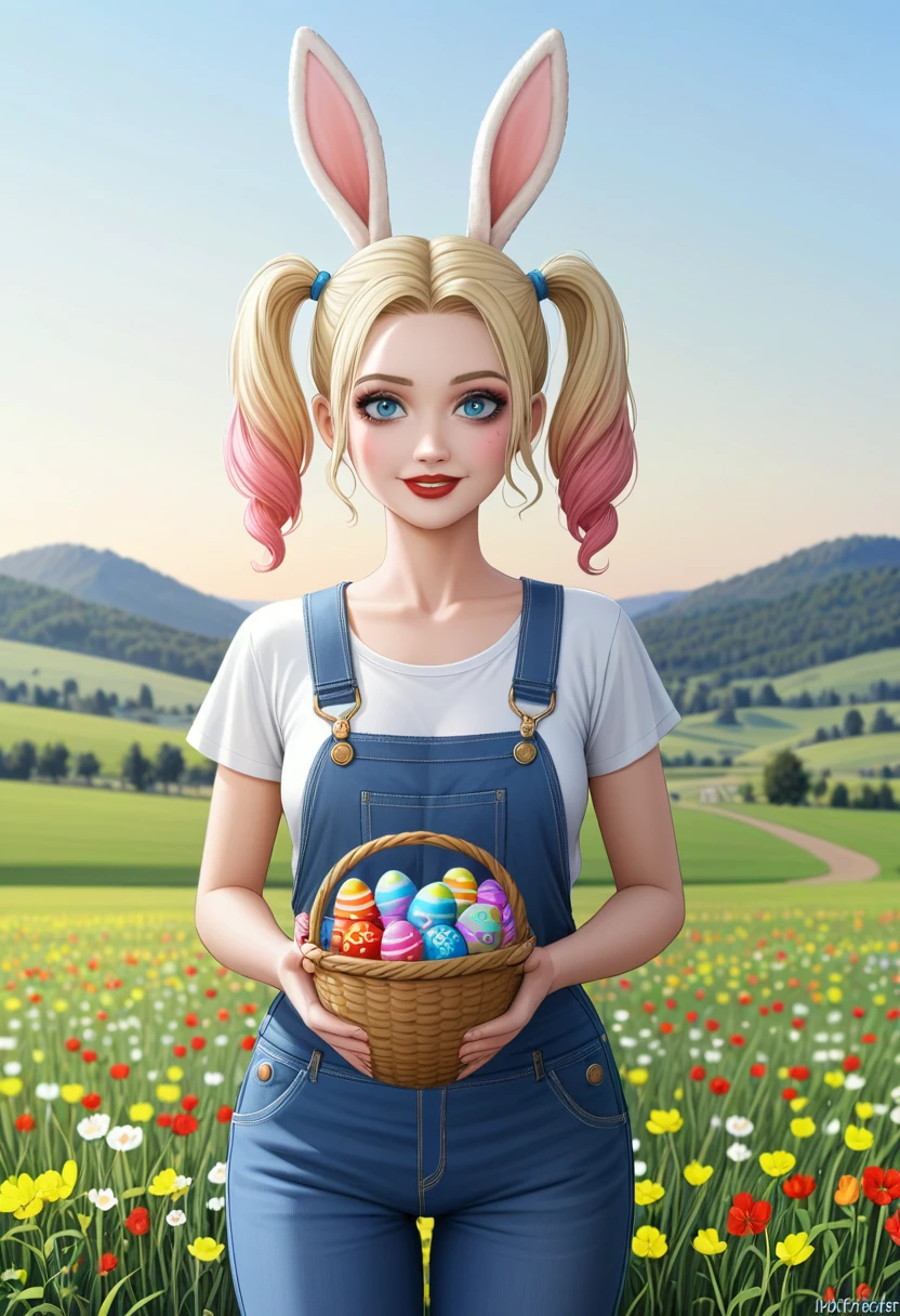 modisn Disney, Harley Quinn as girl, pigtails hair, wearing overalls, holding an Easter basket and a large bunny by it's ears a field of tulips, morning light, Pixar style