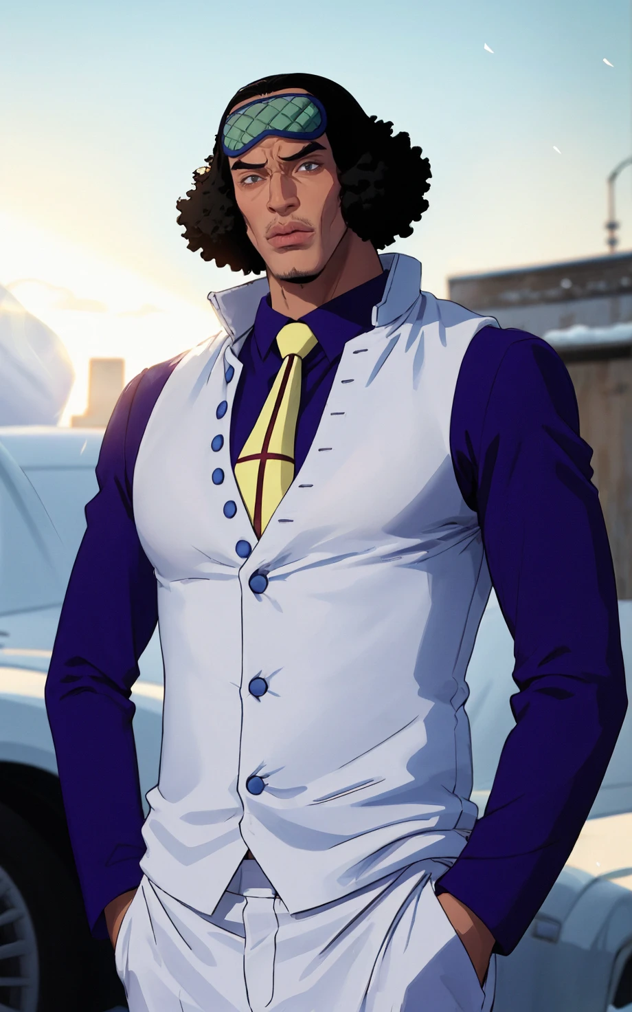 ((masterpiece, best quality)), insaneres, absurdres, solo, vanishing point,
Shirt_KuzanAokiji_ownwaifu,
1boy, black hair, dark skin, dark-skinned male, black eyes, afro, facial hair, lips, thick eyebrows, curly hair,
mask on head, sleep mask, male focus, yellow necktie, formal, suit, long sleeves, jacket, purple shirt, white pants, necktie, collared shirt, buttons, white vest,
ice, cryokinesis,
(portrait, straight-on)<lora:Marine_Admiral_KuzanAokiji_ownwaifu:1>,
outdoors, lens flare, depth of field, bokeh, embers, looking at viewer,