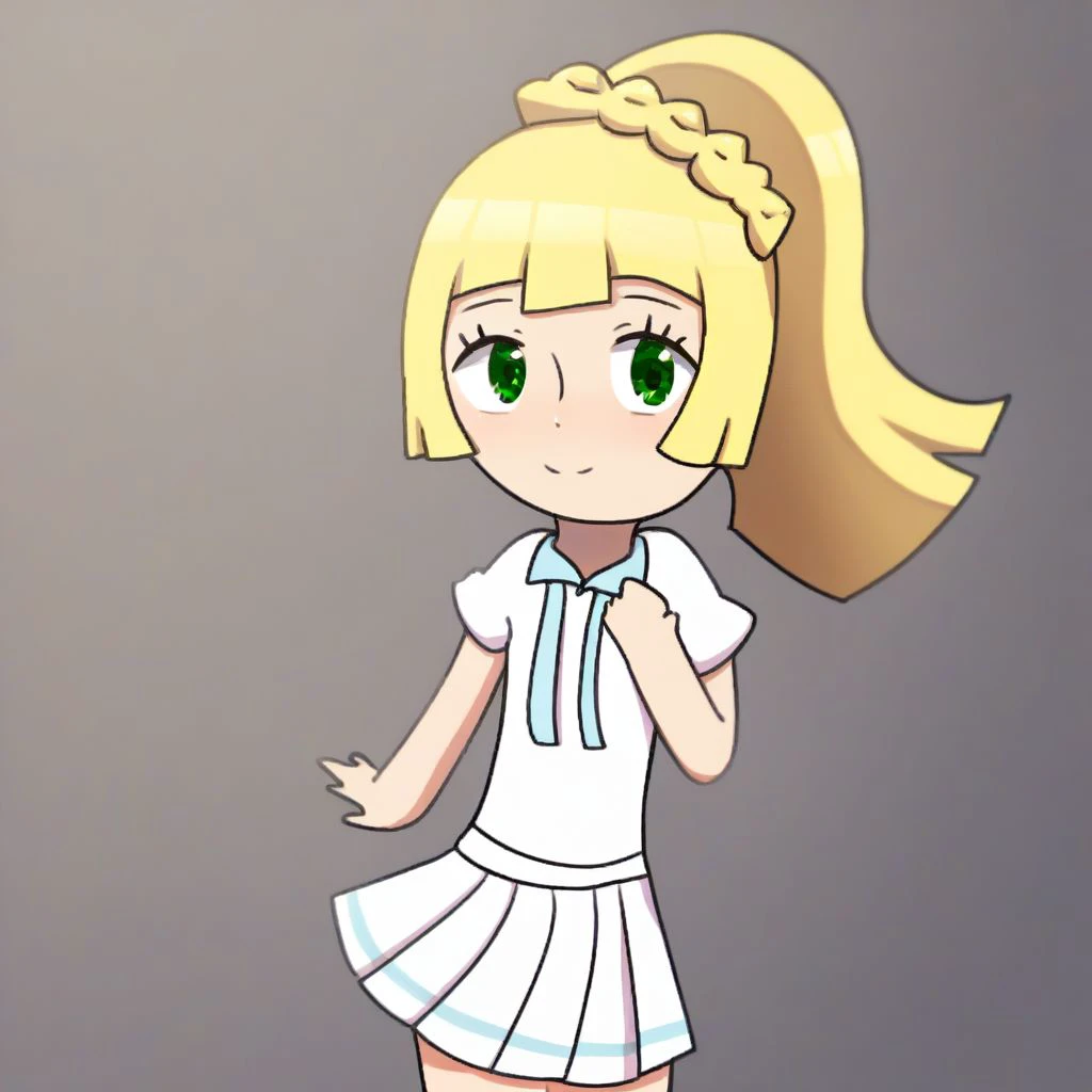 s1girl, solo, lillie, ponytail, blonde hair, green eyes, white shirt, short sleeves, collared shirt, white skirt, pleated skirt, smile