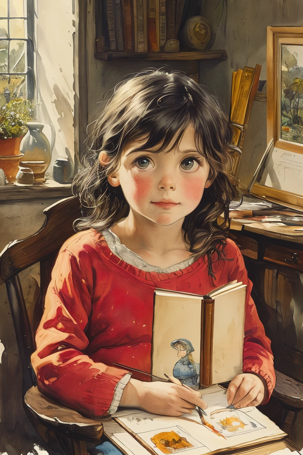 masterpiece,best quality,<lora:tbh131-:0.8>,portrait of girl,illustration,painting,style of E. H. Shepard,