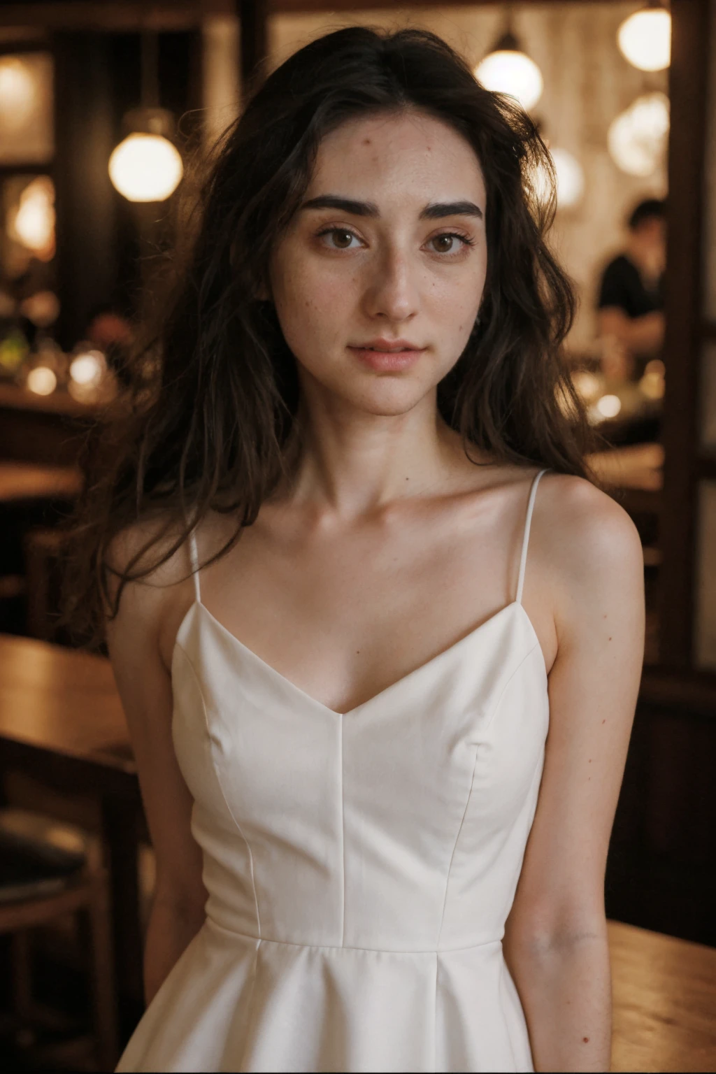 <lora:Abbshap15L:1> Abbshap15L, dress , portrait , restaurant at night, <lora:Hyper-SD15-8steps-lora:.7> ,