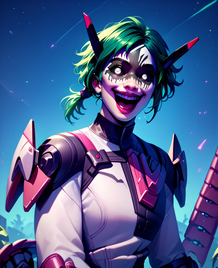 score_9,score_8_up,score_7_up,score_6_up,alterxl,white eyes,black sclera,green hair,black face paint,short hair,bodysuit,gloves,clothing cutout,night,smile,<lora:alterxl:1>,low ponytail,pink mechanical tail,mechanical horns,open mouth,laughing,upper body,lipstick,