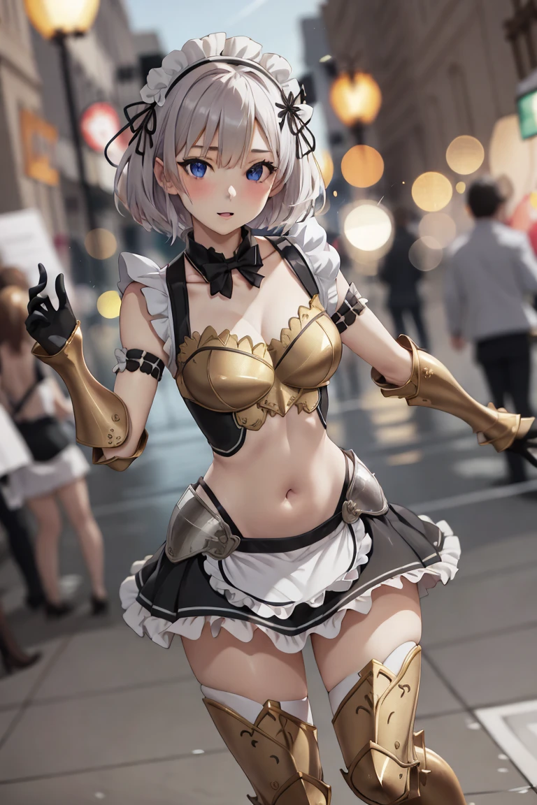 masterpiece, best quality,  1girl, gold armor, maid-armor,  breasts, navel, hips, dynamic poses, dynamic angle, <lora:maid-armor:0.8>