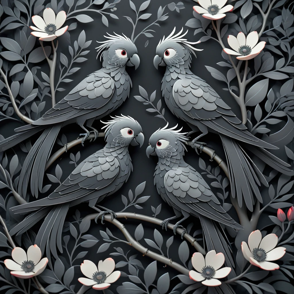 A stylized and intricate illustration featuring a pair of birds perched on branches, surrounded by detailed foliage and flowers. The artwork is rendered in a monochromatic palette with shades of black, white, and gray, creating a striking contrast. The birds have a delicate, almost metallic sheen to their feathers, and the foliage is depicted with sharp, clean lines and geometric patterns. The background is dark, enhancing the luminous quality of the birds and flowers. Scattered throughout the scene are small, subtle red accents, adding a touch of color and depth. The overall composition is elegant and sophisticated, blending natural elements with a modern, artistic style.
 <lora:artfullyBIRDS_SDXL_V1:.8>