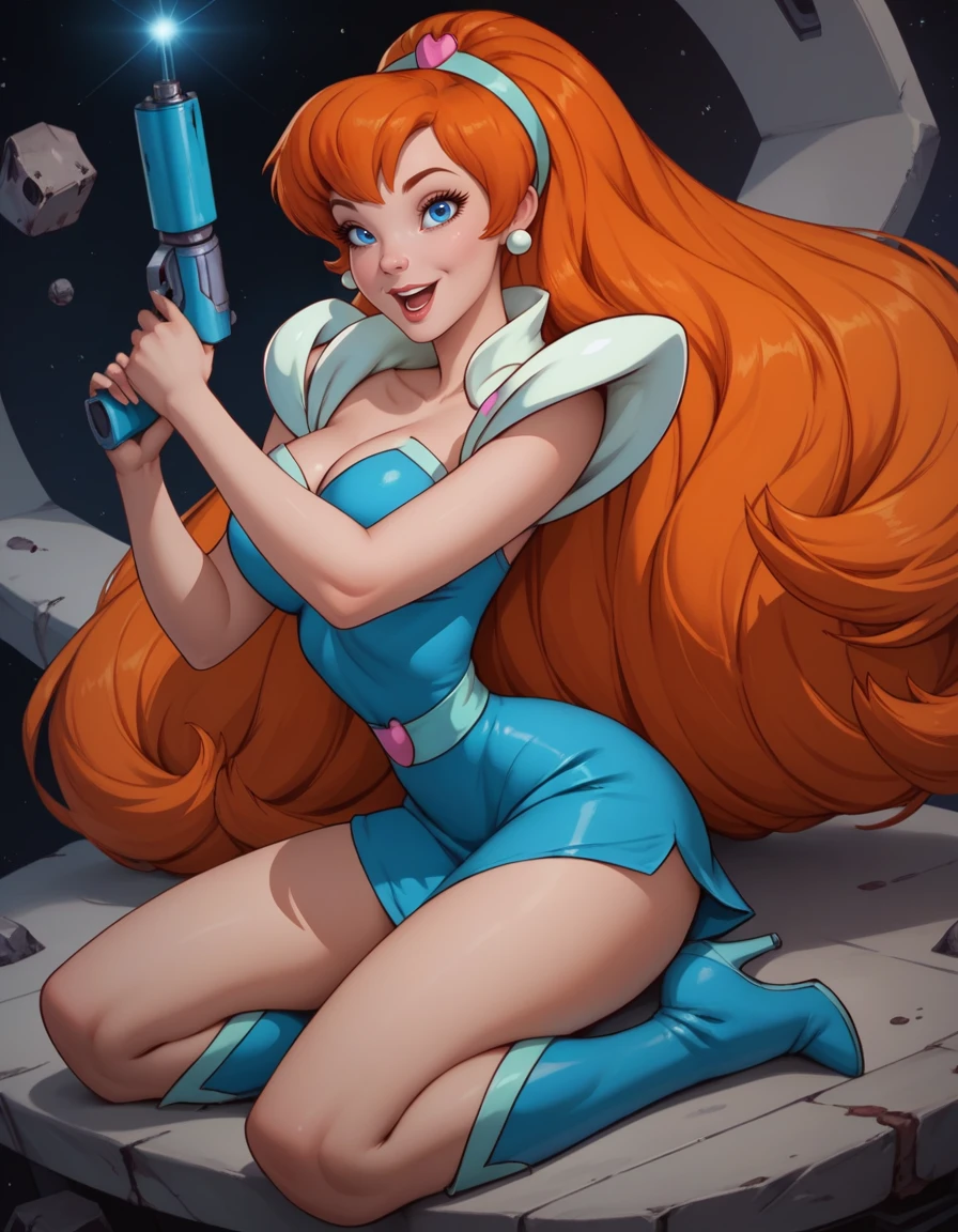 score_9, score_8_up, score_7_up,score_6_up, score_5_up, score_4_up , 1girl, solo,
large breasts, 
Kimberly_SA, orange hair, a long hair,  short blue dress, skin tight,   shoulder pads, headband, blue eyes, shoulder pads, blue high heel boots, 
science fiction,  
looking at viewer, energy gun, smile, open mouth, 
 <lora:Kimberly Space Ace PonyXL -v01-000003:0.90>