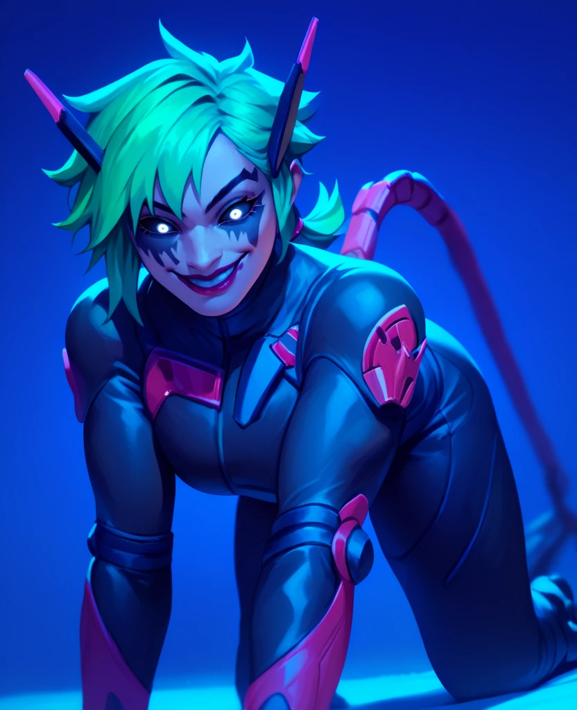 score_9,score_8_up,score_7_up,score_6_up,alterxl,white eyes,black sclera,green hair,black face paint,short hair,black bodysuit,gloves,clothing cutout,night,smile,<lora:alterxl:1>,low ponytail,pink mechanical tail,mechanical horns,lipstick,evil smile,all fours,