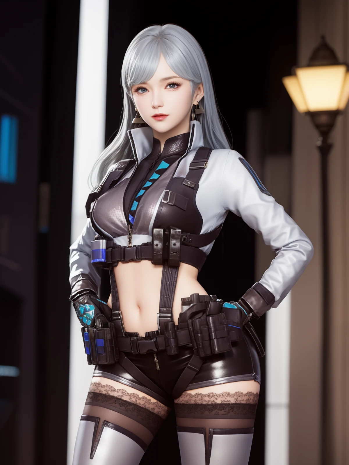 CFwangzhelanxierBW, 1girl, solo, gloves,long hair, thighhighs, jewelry, earrings, crop top, navel, thigh boots, midriff, black shorts,looking at viewer, grey hair, blue eyes, belt pouch, holster, lips, long sleeves, bangs, zipper, cropped jacket, lace, <lora:CFwangzhelanxierBW:0.75>,cityscape, night,