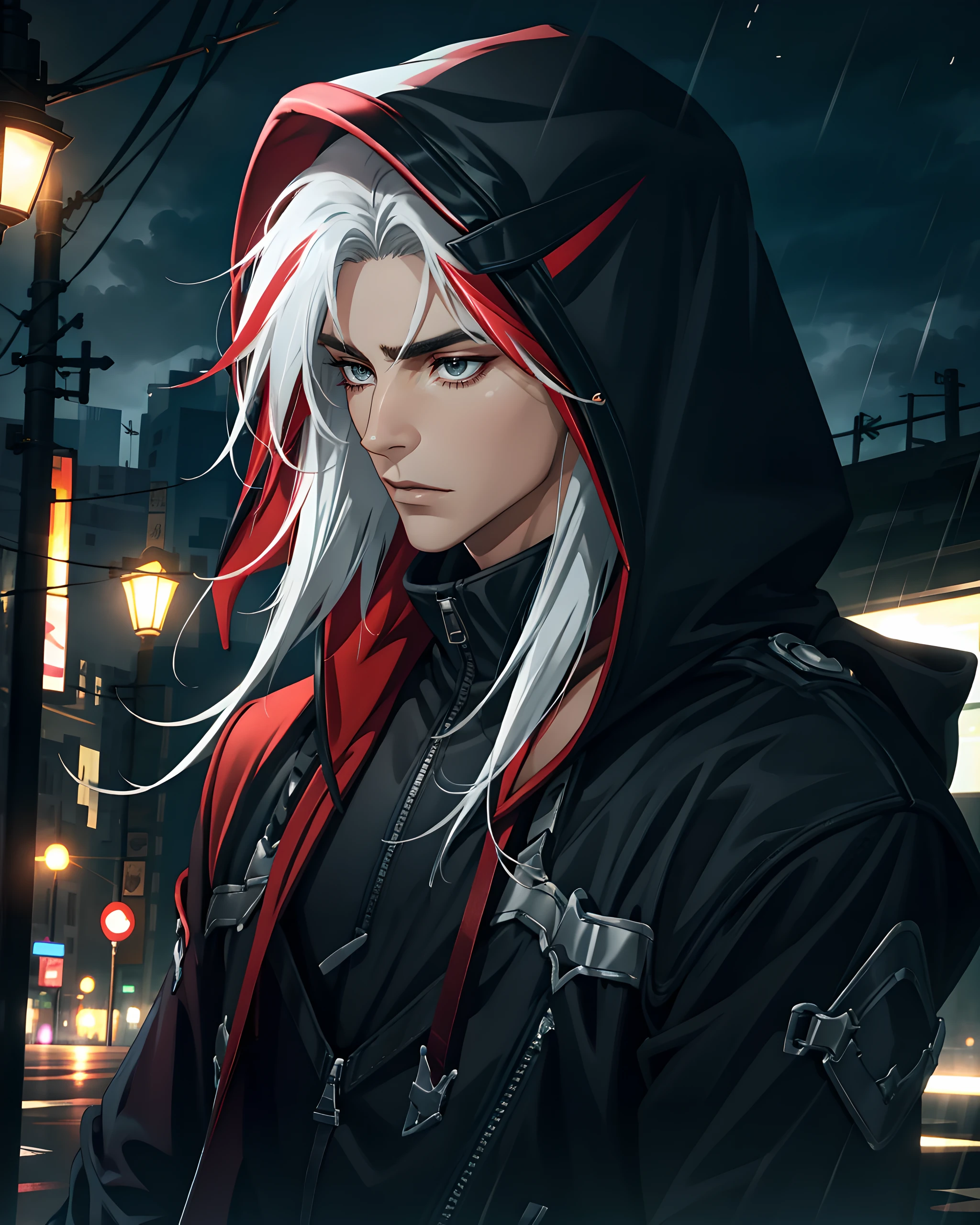 yone, solo, long hair, looking away, gloves, 1boy, white hair, grey hair, male focus, red hair, multicolored hair, streaked hair, pectorals, <lora:Heartsleet_Yone:0.7>, (best quality), (masterpiece), dynamic angle, from half side, upper body, ((hood up, hood, night city, night,deep dark shadow, ramatic lighting,in the dark, light behind)), windblown hair, rain,