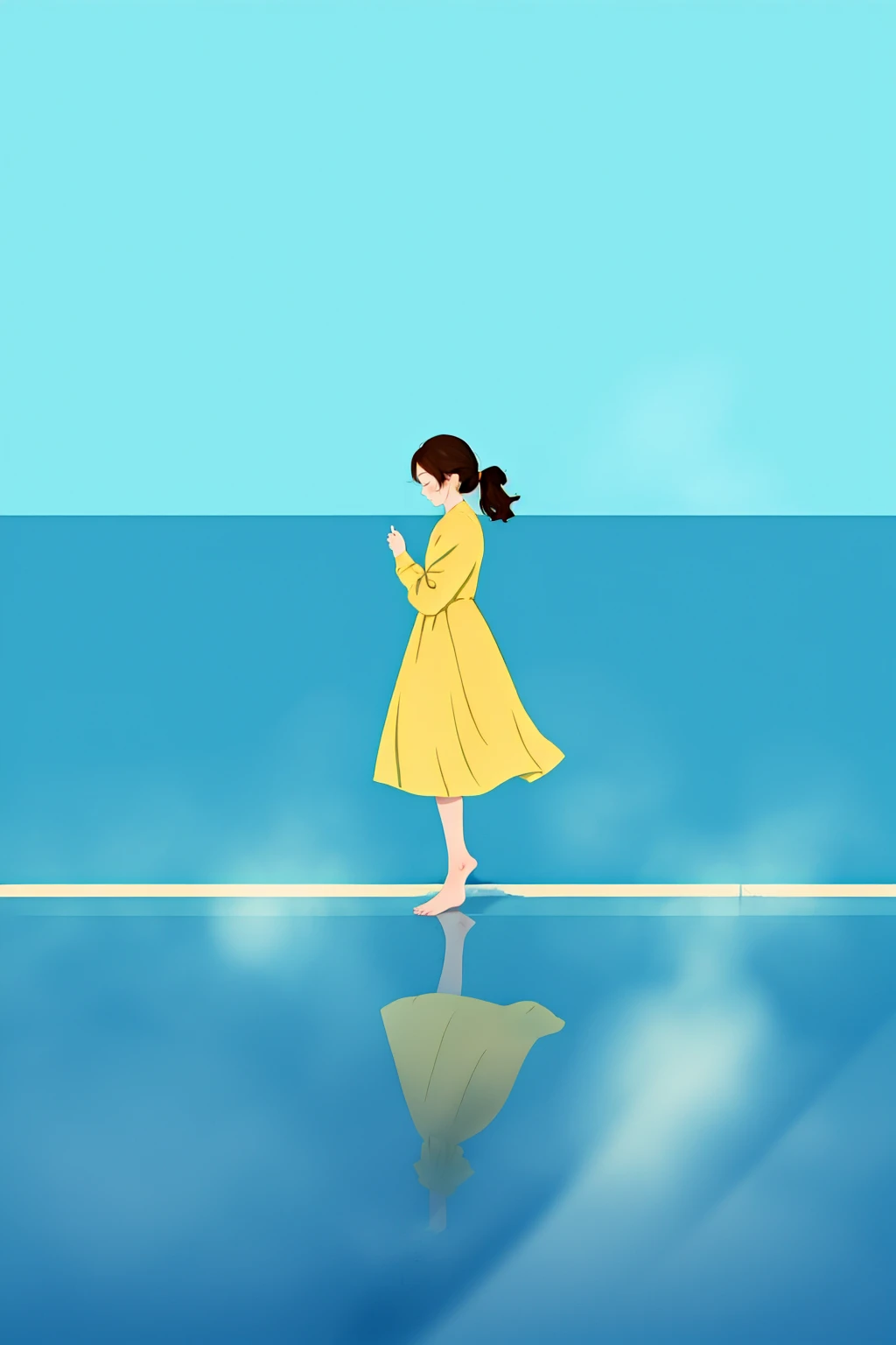 <lora:chat0515:0.8>,illustrations,1girl,solo,barefoot,dress,wide shot,brown hair,ponytail,yellow dress,profile,reflection,long hair,standing,walking,black hair,blue sky,long sleeves,