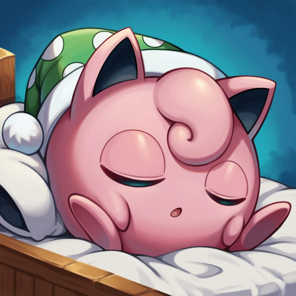 score_9_up, score_8_up, score_7_up, best quality, masterpiece, source_anime, detailed background, (blue background, bed:1.3), BREAK 1girl, solo, jigglypuff_(\pokemon\), pokemon_(creature), pink body, circle body, big ears, pink hair, big eyes, green eyes, sleeping cap, sleeping, eyes closed, open mouth, <lora:PDXL_Jigglypuff_PKMN:1>