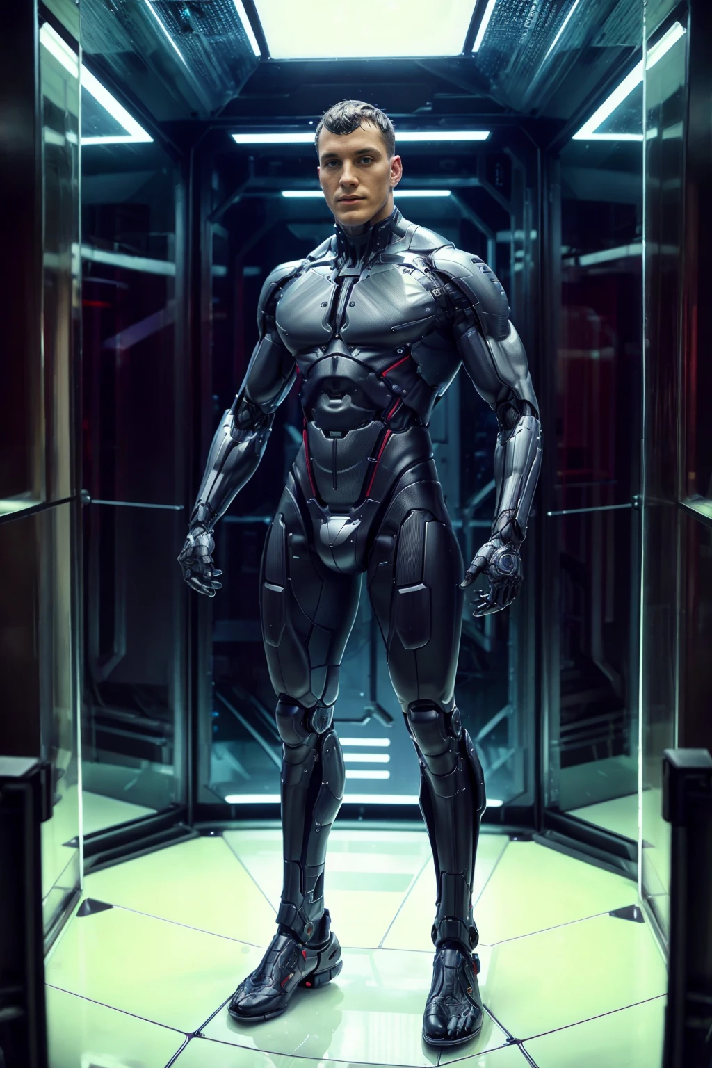 futuristic robotics laboratory, standing (inside glass cylinder:1.2), CFCade is a muscular SXBT, robot, mechanical hands, (((full body portrait))), wide angle, <lora:CFCade:0.8> <lora:SXBot:0.80>
