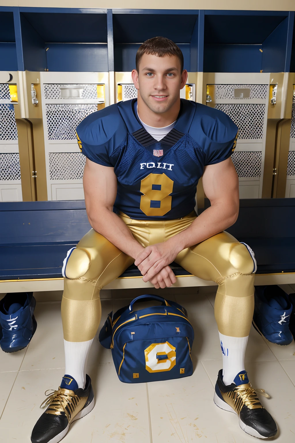 locker room, sitting on a bench, in front of lockers, slightly smiling, CFCade is an (American football player), wearing (football uniform:1.3), (blue jersey:1.3), blue (shoulder pads), jersey number 80, (pale gold football pants:1.3), (blue socks:1.3), long socks, (black sneakers:1.3), (((full body portrait))), wide angle <lora:CFCade:0.8>