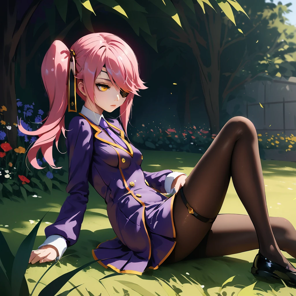 (masterpiece), (best quality), (ultra-detailed), Konoe_Ayatsuki_Mercury \(XB\),1girl, solo, long hair, long sleeves, dress, yellow eyes, pink hair, breasts, small breasts, pantyhose, necktie, hair over one eye,purple uniform, side ponytail, orange eyes, eyepatch,garden,grass, illustration, disheveled hair, detailed eyes, perfect composition, moist skin, intricate details, earrings, by wlop, Konoe_Ayatsuki_Mercury \(XB\),1girl, solo, long hair, long sleeves, dress, yellow eyes, pink hair, breasts, small breasts, pantyhose, necktie, hair over one eye,purple uniform, side ponytail, orange eyes, eyepatch,garden,grass, lush, unique