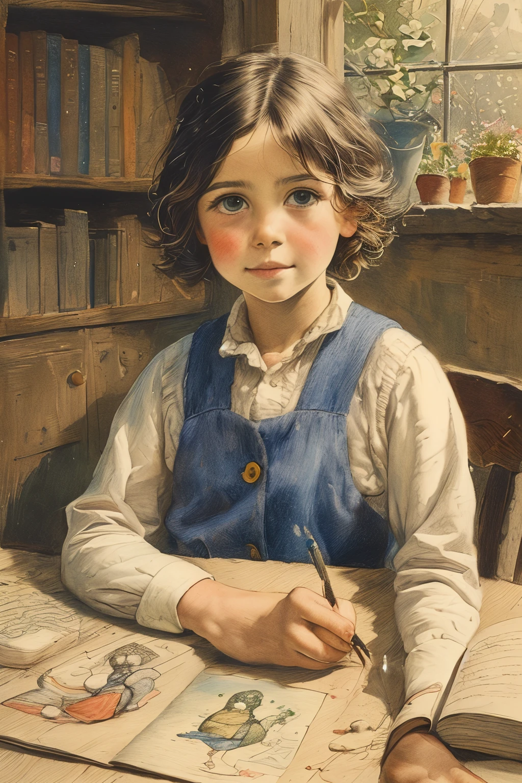 masterpiece,best quality,<lora:tbh131-:0.8>,portrait of girl,illustration,painting,style of E. H. Shepard,