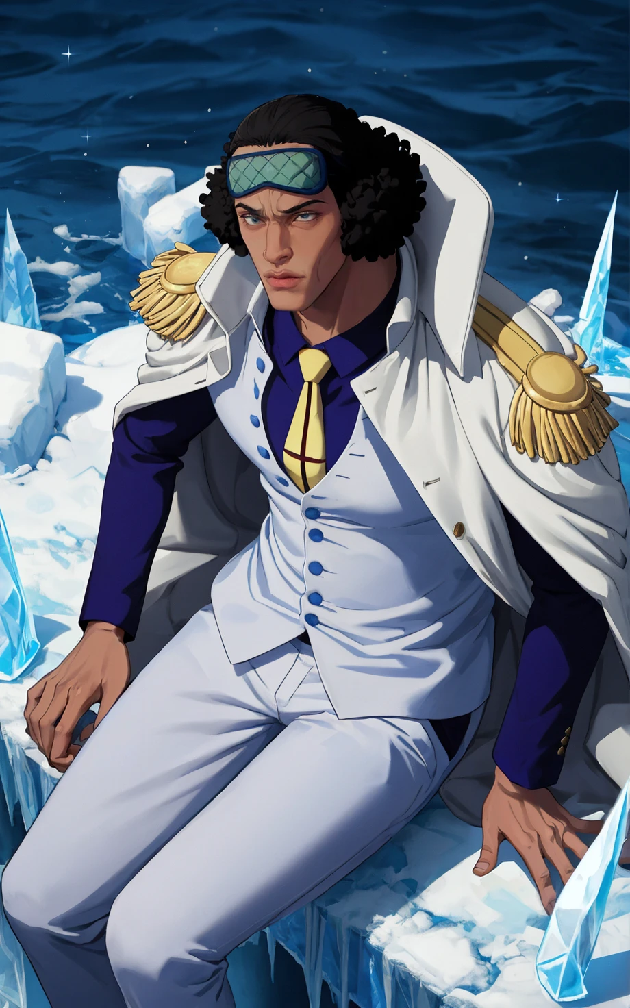 ((masterpiece, best quality)), insaneres, absurdres, solo,  vanishing point, 
MarineCoat_KuzanAokiji_ownwaifu, 
1boy, black hair, dark skin, dark-skinned male, black eyes, afro,  curly hair, scar, short hair, sideburns, 
white suit, male focus, sleep mask, mask on head, yellow necktie, epaulettes, formal, suit, white pants, cape, necktie, vest, buttons, coat, pants, long sleeves, blue shirt, military uniform, white jacket,
ice, cryokinesis,
(from above, sitting)<lora:Marine_Admiral_KuzanAokiji_ownwaifu:0.9>,
outdoors, lens flare, depth of field, bokeh, embers, looking at viewer,