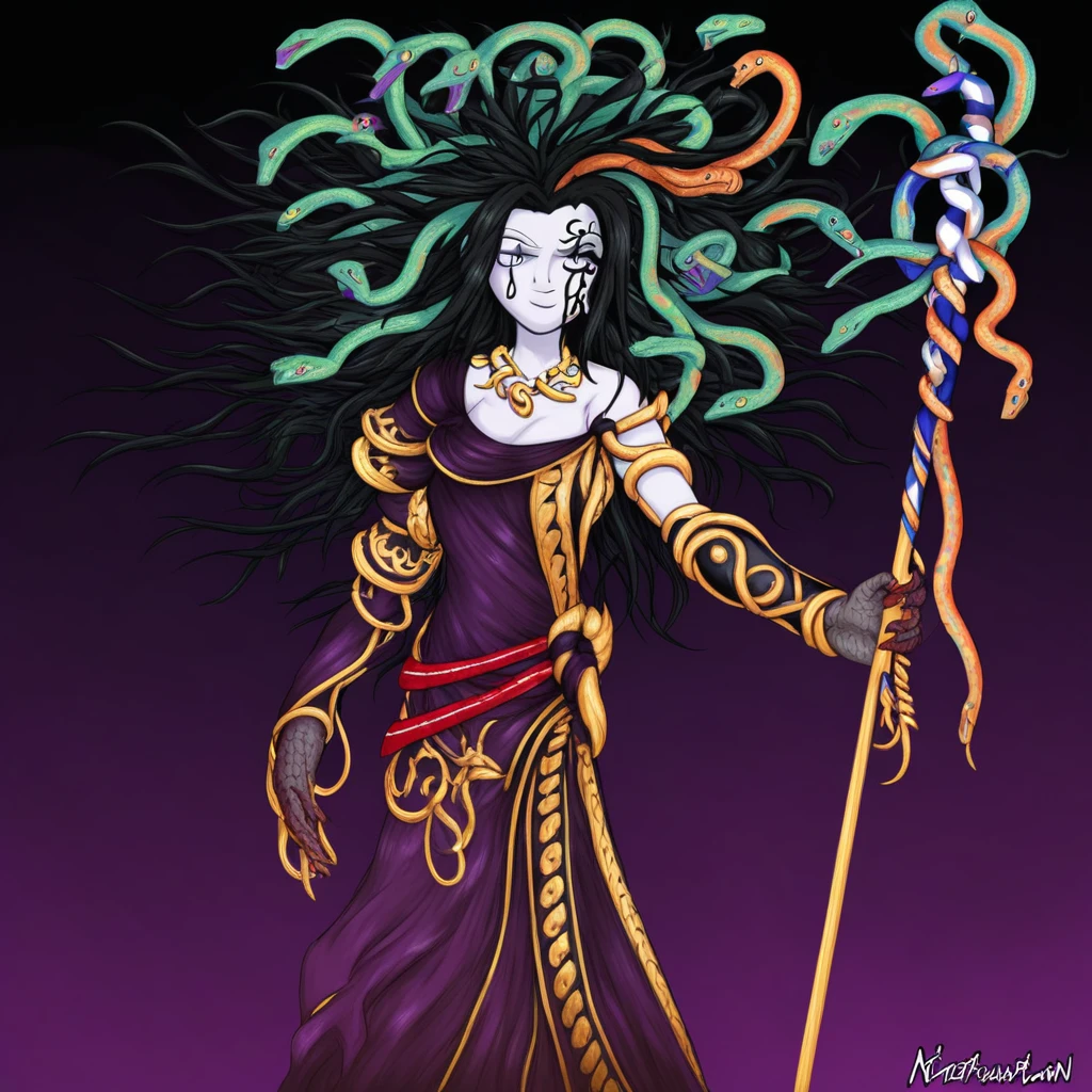 medusa, nintendo, messy hair, black hair, snakes in hair, gold necklace, pale skin, pale eyes, grey hands, face tattoo, dress, purple dress, staff, red belts, wrist cuff,