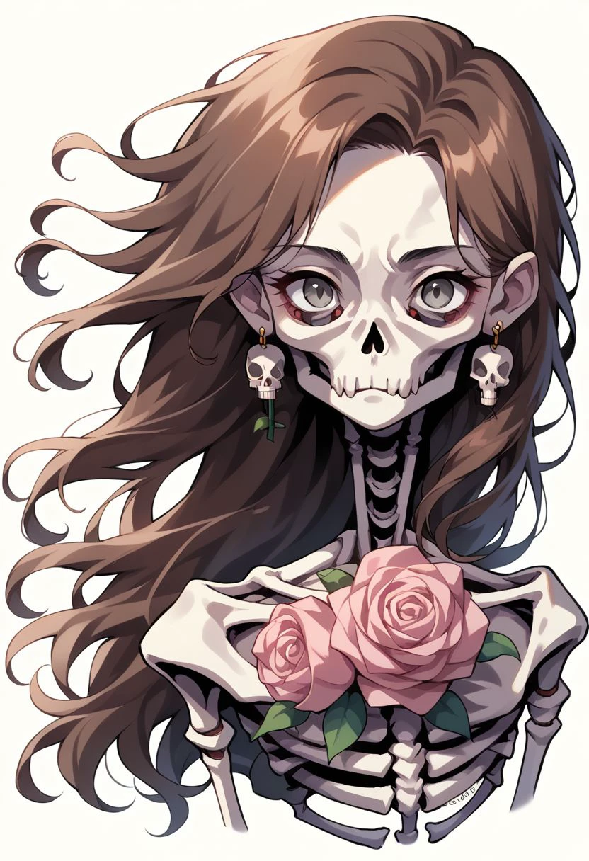 pastel style, 1girl, flower, long hair, skeleton, rose, solo, white background, pink flower, floating hair, earrings, bone, jewelry, skull, simple background, pink rose, ribs, closed mouth, brown hair, grey eyes, upper body, soft color, soft hues, chalk, pigment, pastel color, pastel pencil technique, soft color tones, pastel painting, pastel (medium), zPDXL