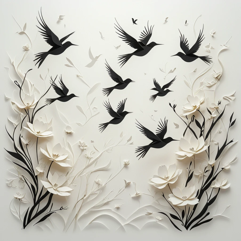 A minimalist and stylized illustration featuring a collection of birds and flowers rendered in black silhouettes. The birds are depicted in various poses, including flying, perching, and standing, with clean and simple lines that create a striking contrast against the white background. The flowers are designed with geometric patterns, adding a modern touch to the natural elements. The composition is sparse and elegant, with ample white space that emphasizes the shapes and forms of the birds and flowers. The overall design is contemporary and visually appealing, showcasing the beauty of nature through a minimalist lens, in the style of papercut, encaustic, carved relief, oragami, tilt pitch
 <lora:artfullyBIRDS_SDXL_V1:.1> <lora:artfullyPAPERCUT_SDXL_V1:.8>, artbrdsprrt, artpprct <lora:artfullyECHELIER_SDXL_V1:.6>, artchlr