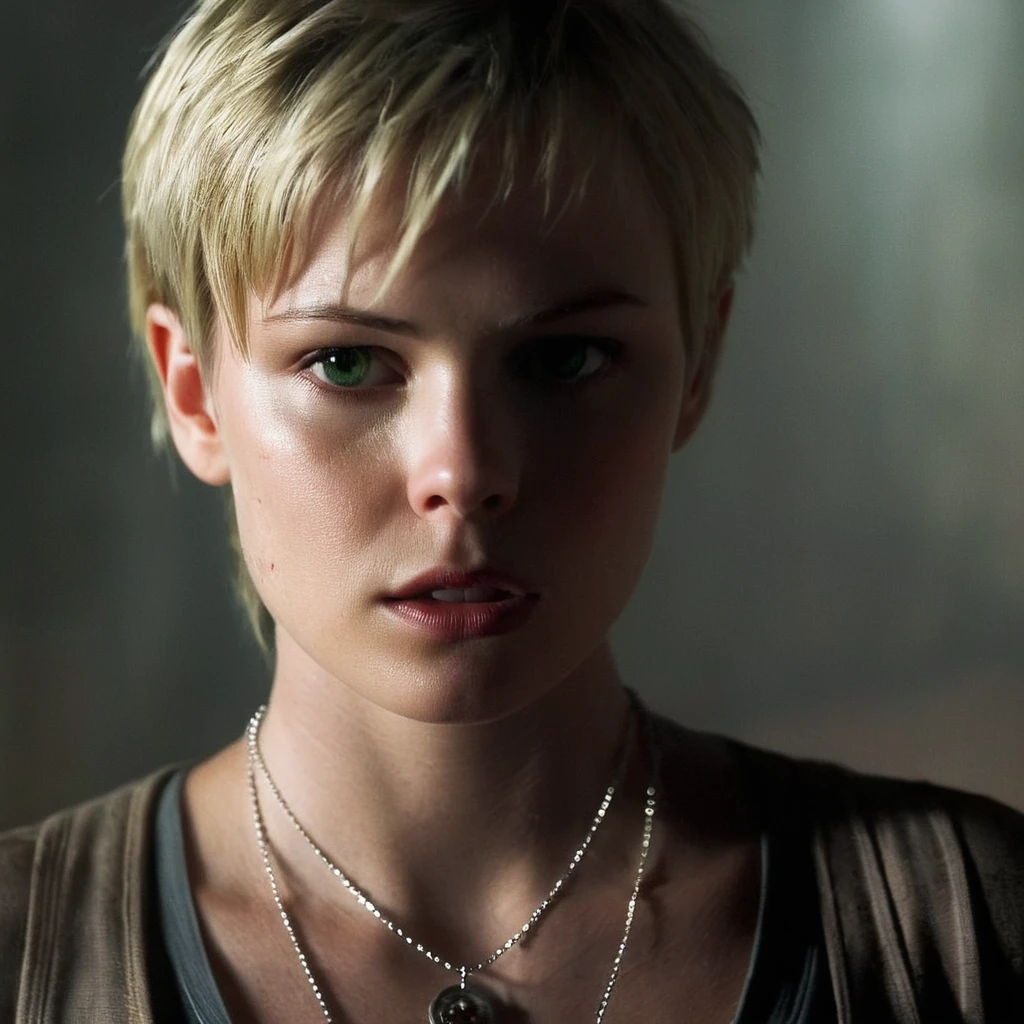 cinematic film still of  <lora:perfection style:0.5> <lora:detailed:0.5> perfection detailed
 <lora:Sairento Hiru style:1>
In the mysterious New England town of Silent Hill Protagonist a woman with a necklace on her neck in the dark,1girl,looking at viewer,short hair,blonde hair,1boy,jewelry,green eyes,upper body,solo focus,necklace,blurry,blood,depth of field,blurry background,blood on face,realistic,dirty , cinematic, supernatural, horror style, Sairento Hiru style, shallow depth of field, vignette, highly detailed, high budget, bokeh, cinemascope, moody, epic, gorgeous, film grain, grainy