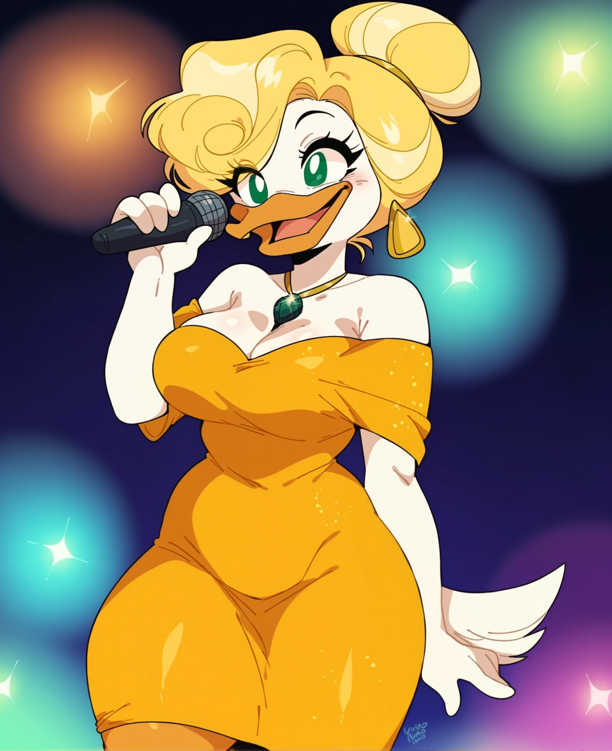 score_9, score_8_up, score_7_up, score_6_up, best quality, highres, source_furry, BREAK vum BREAK
1girl, female, solo, furry, inside, concert, stage lights, standing, female, duck, beak, goldie o'gilt, mature female, green eyes, white skin, white body, orange dress, shoulderless, blonde hair, swoop bangs, hair bun, ear ring, emerald necklace,  orange legs, orange legs, breasts, thick thighs, standing, happy, singing, holding microphone, glitter, <lora:Goldie_OGilt:0.8>