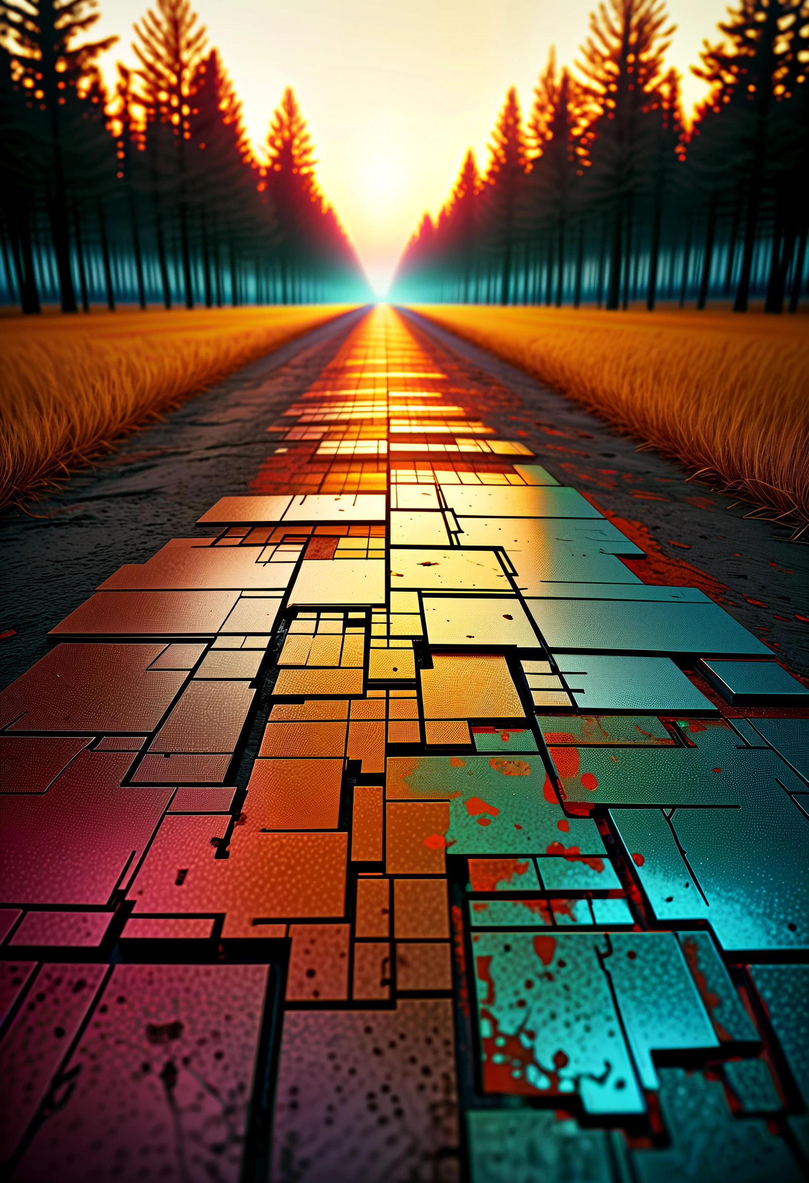shimmer, Cubist inspiration, A landscape represented with planes and flat colors. The landscape could show a field, forest or city, and flat planes and colors could be used to create a sense of depth and perspective, surrealism, aesthetic, bold gorgeous colours, high definition, super clear resolution, iridescent watercolor ink, acid influence, fantastic view, crisp quality, complex background, medium: old film grain, tetradic colors, golden hour, rust style, vantablack aura, golden ratio, rule of thirds, cinematic lighting Dark realism and magical. Complementary poisonous colors with deep zoom Memphis style abstract bokeh background with deep zoom, Hypermobility, Spinal cord