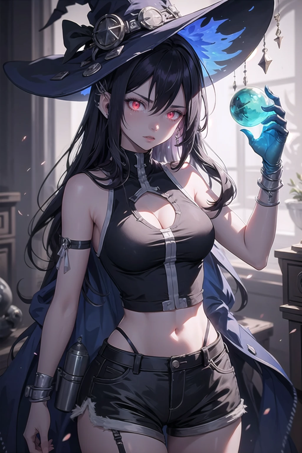 <lora:wrenchfairytailultear:0.9>, ftultear, shorts, tank top, shirt overhang, midriff, high ponytail, <lora:wrenchwitchiness:1>, wrenchwitchiness, glowing eyes, glowing,