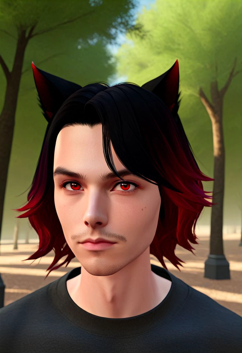 vpzdxizz, animal ears, solo, cat ears, red eyes, multicolored hair, looking at viewer, black hair, gradient hair, realistic, colored sclera, 1boy, male focus, outdoors, red hair, facial hair, day, tree, miqo'te, black shirt, black sclera, short hair,  two-tone hair, stubble, upper body, sky , cinematic angle, masterpiece, best quality ,