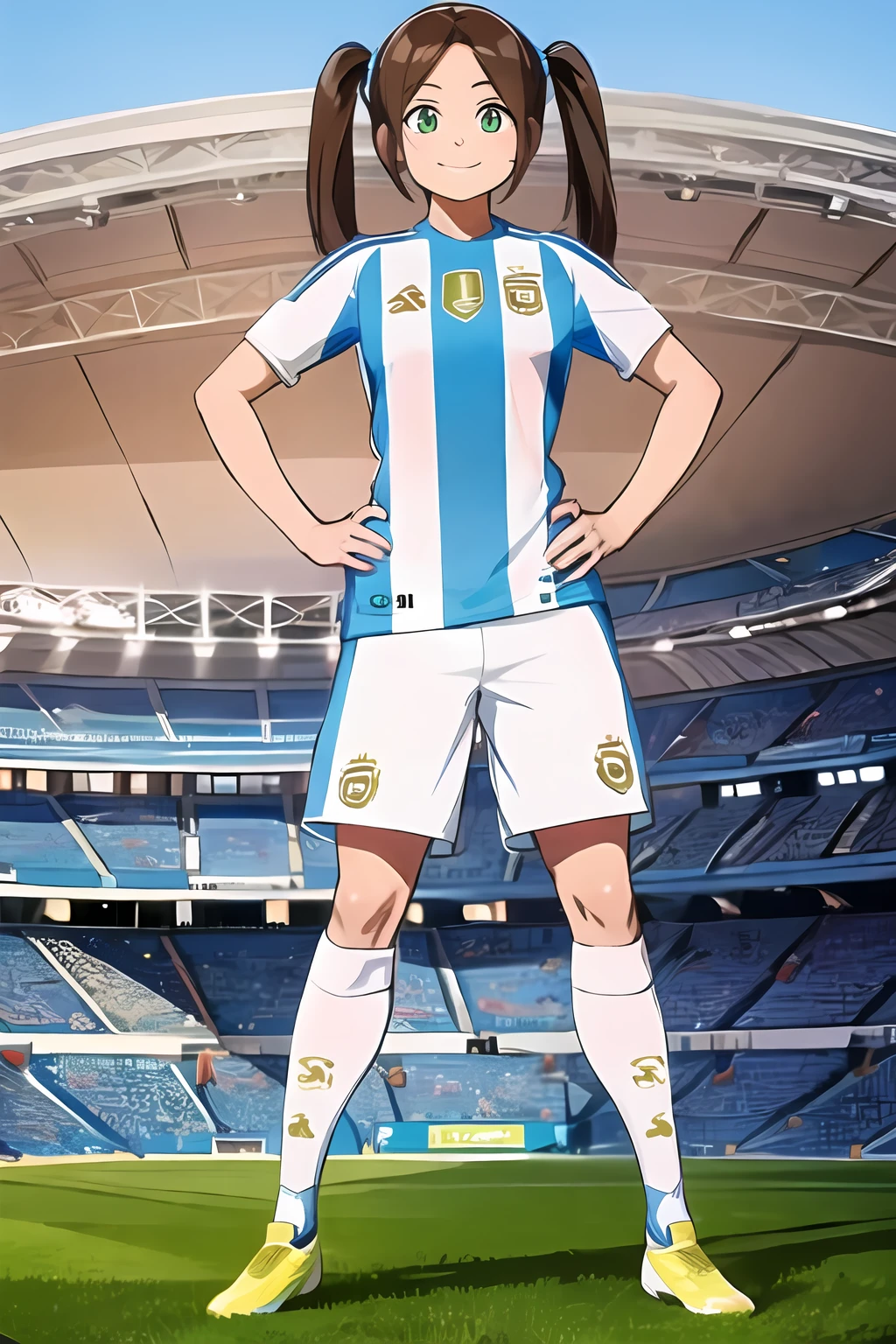 <lora:SC-AR63N_Shirt_2024:1>, ar63nt1n4, soccer uniform, sportswear, shirt, shorts, (full body:1.2), 1girl, brown hair, twintails, smile, (stadium:1.2), green field, massive breasts, standing, hands on hips, (best quality), (ultra-detailed), (best illustration)