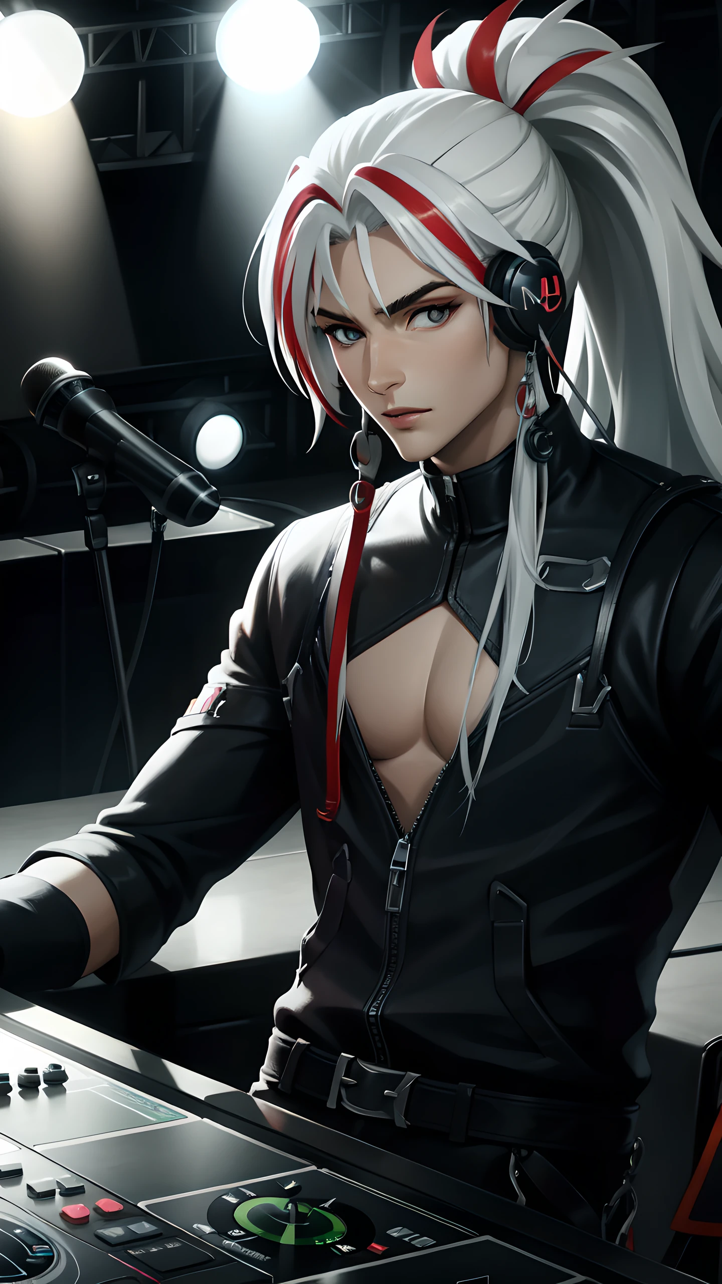 yone, solo, long hair, looking at viewer, gloves, 1boy, ponytail, white hair, grey hair, male focus, red hair, multicolored hair,  streaked hair, clothing cutout, cleavage cutout, pectorals,  <lora:Heartsleet_Yone:0.7>, (best quality), (masterpiece), upper body, vivid color,professional lighting,radiosity,DJ,recordig studio,dj disc jockey,dj disc player,neon lights,