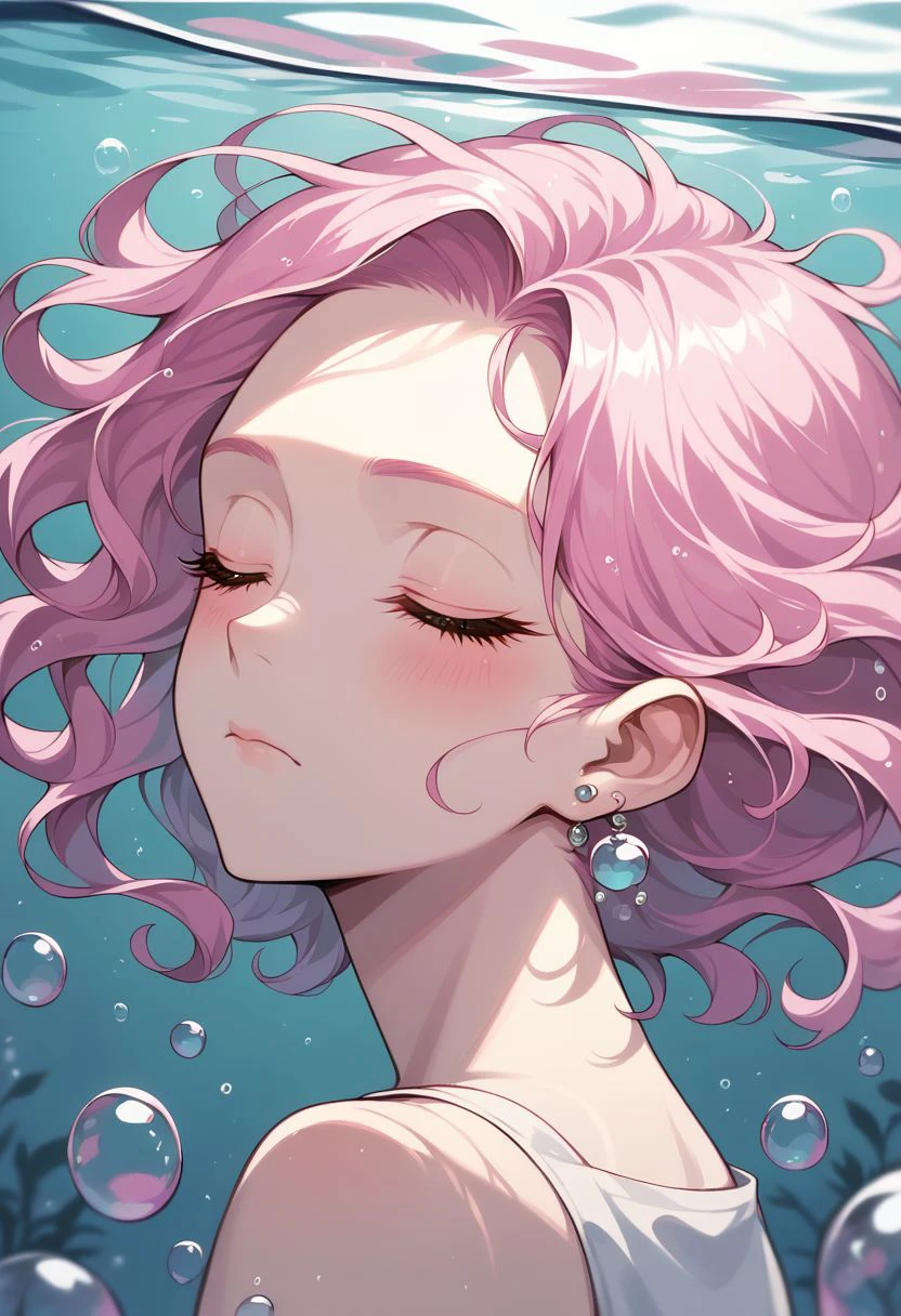 pastel style, solo, 1girl, bubble, closed eyes, jewelry, portrait, earrings, eyelashes, closed mouth, air bubble, underwater, blurry, pink hair, soft color, soft hues, chalk, pigment, pastel color, pastel pencil technique, soft color tones, pastel painting, pastel (medium), zPDXL